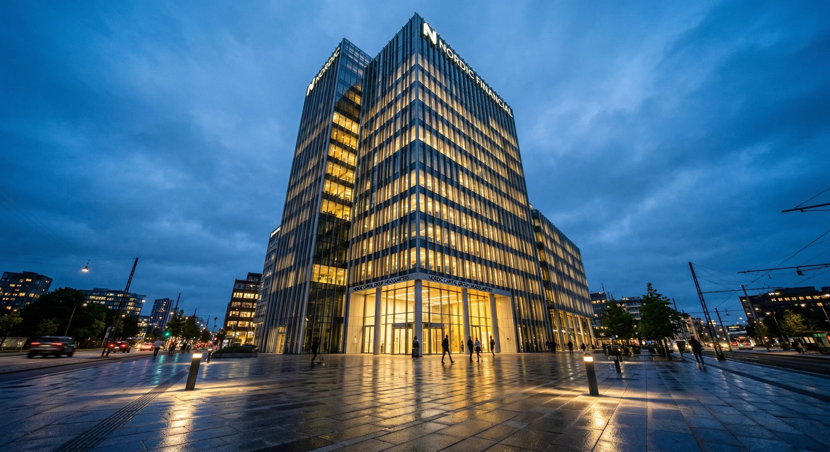 A low-angle photorealistic shot of a sleek, modern glass-and-steel corporate headquarters in a Northern European city. The building's facade glows with warm interior lights against a twilight blue sky