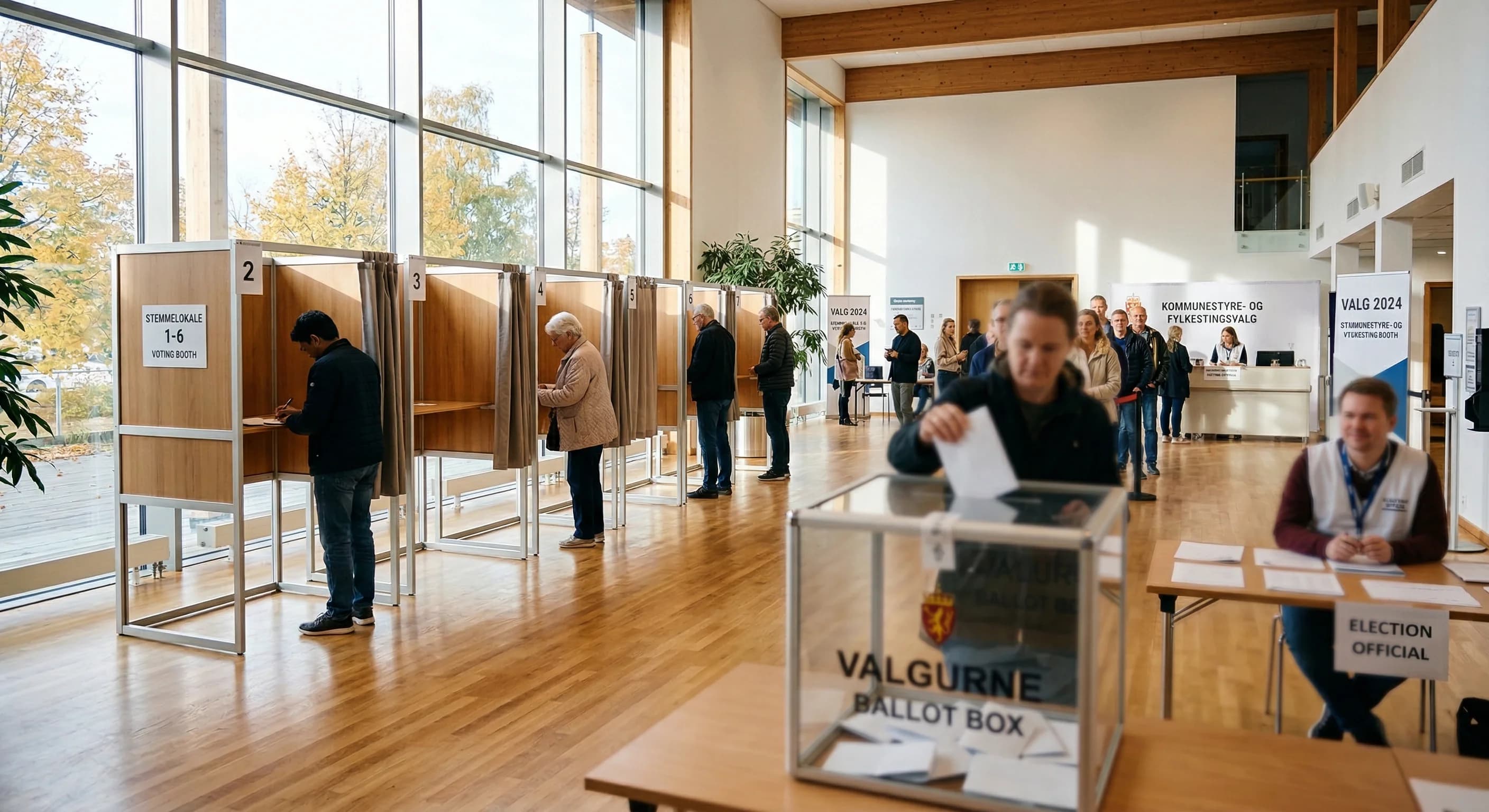 A professional wide-angle photograph of a bright, modern voting station inside a minimalist hall with wooden floors. Sunlight streams through large windows onto a row of private voting booths, with a