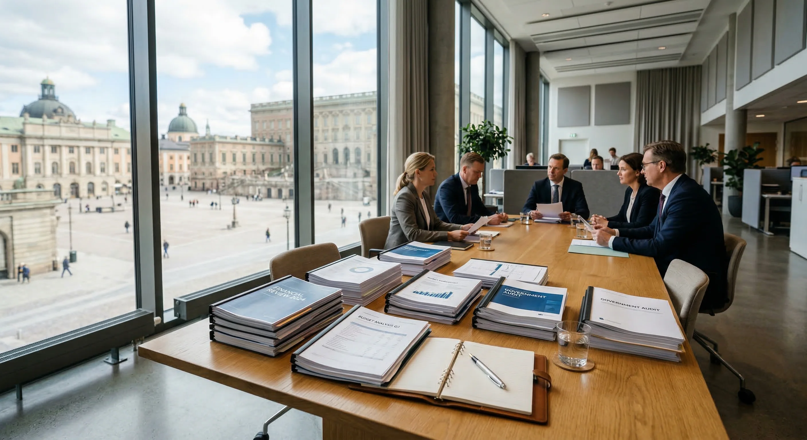 A photorealistic wide-angle shot of a bright, modern government office or financial institution. A large oak table holds several neatly organized stacks of financial reports and a silver fountain pen.
