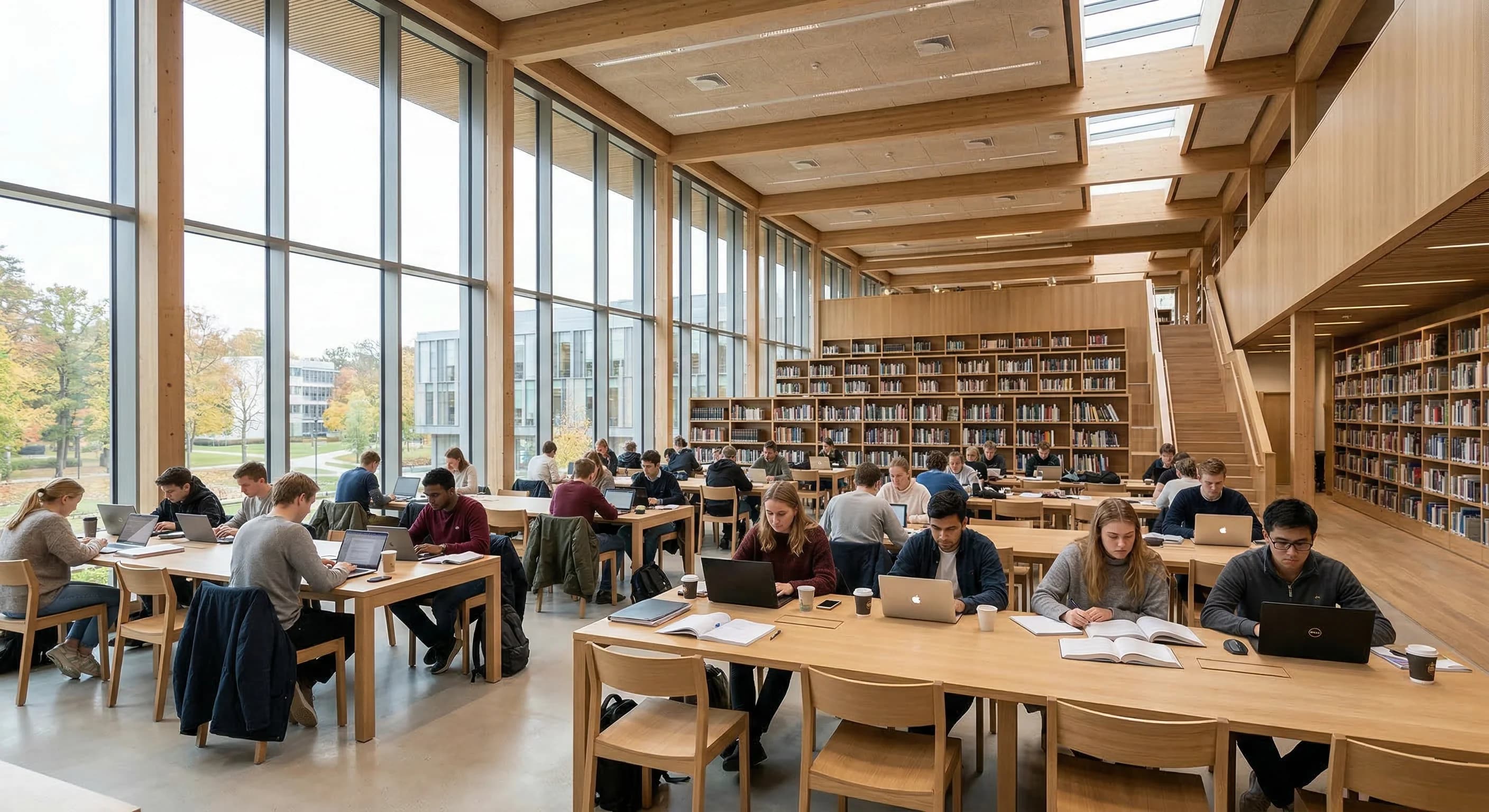 A wide-angle, photorealistic shot of a modern Scandinavian-style university library with high ceilings and light oak furniture. Students are seated at long, minimalist tables working on laptops and re