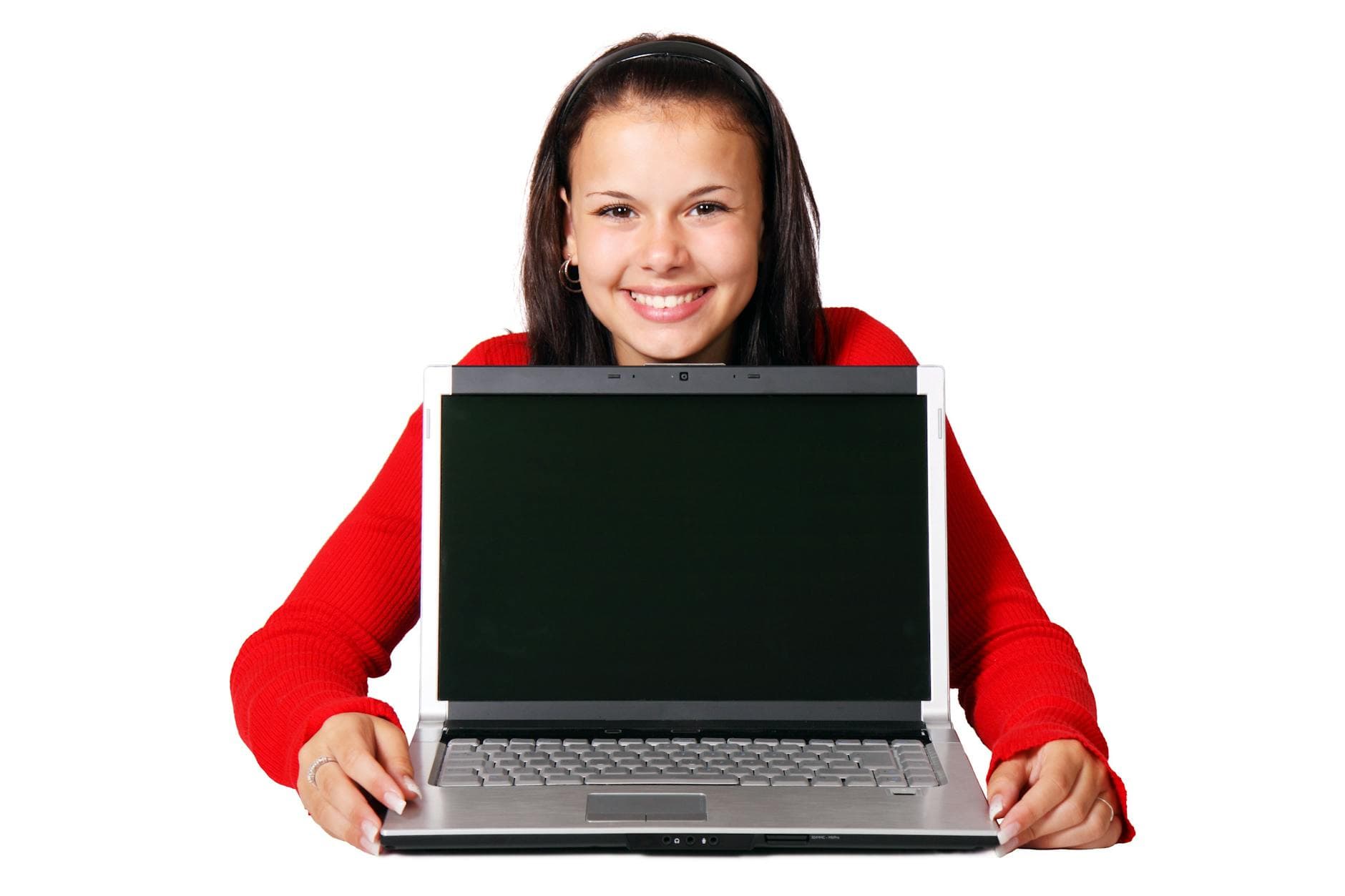 A young woman in a red sweater holding a laptop with a blank screen.