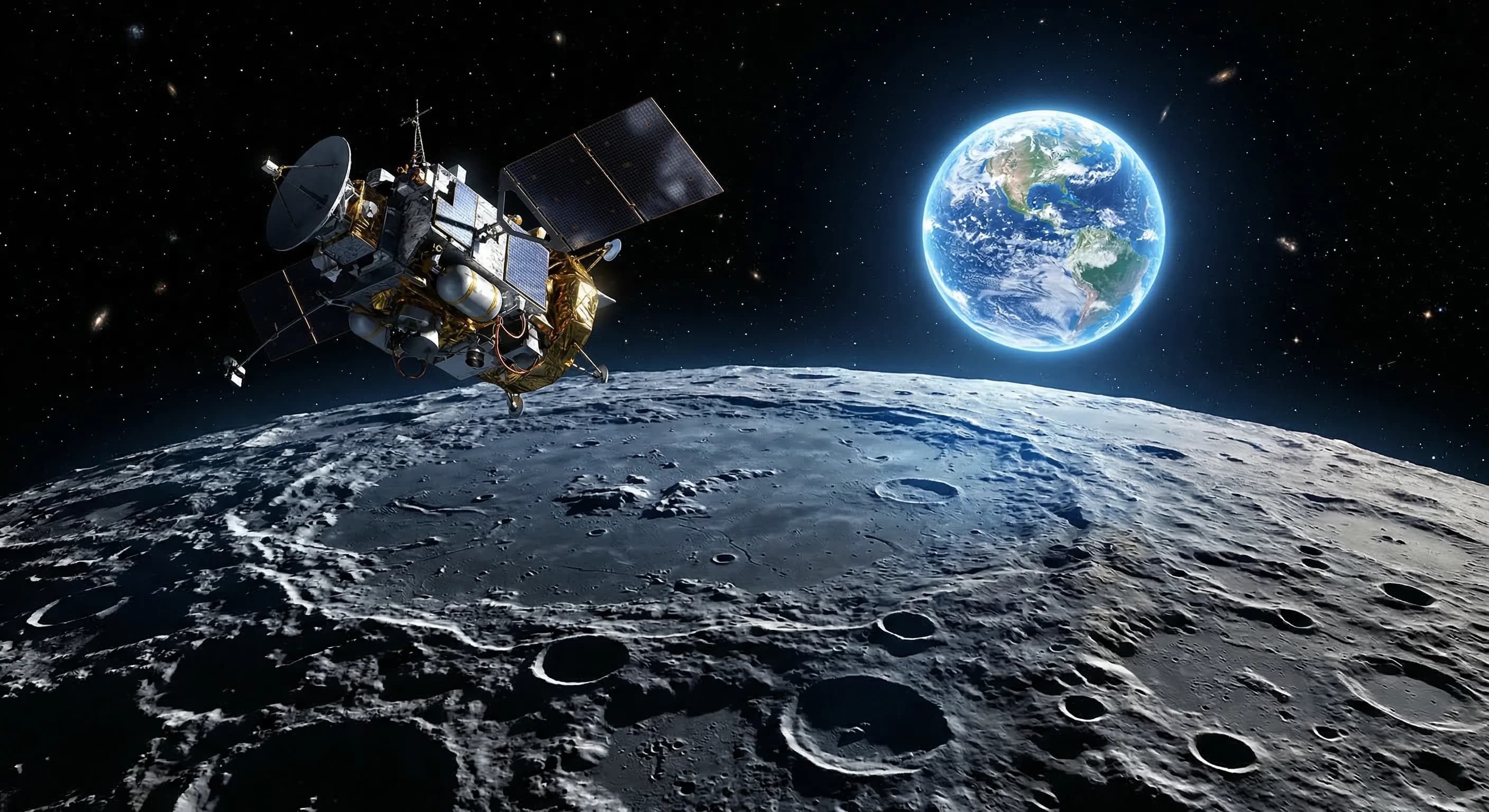 A highly detailed scientific satellite orbits a vast, cratered moon surface. In the distance, a luminous blue Earth hangs in the black void of space, casting a soft blue glow known as earthshine onto