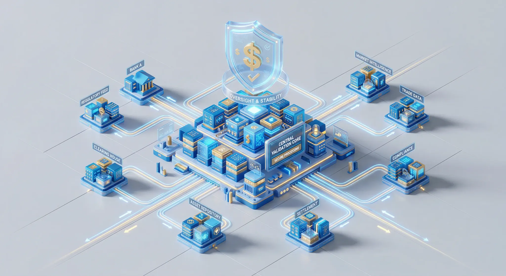 A clean isometric 3D scene representing central financial validation. Stylized blue and gold data blocks are organized into a central hub, with glowing lines connecting them to smaller peripheral node