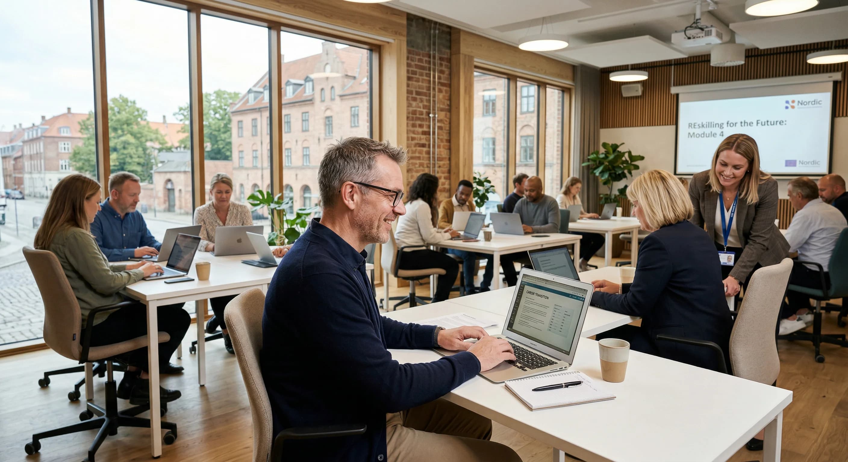 A photorealistic wide-angle shot of a modern adult education classroom in a Northern European city. Several people in their 40s and 50s are seated at clean white desks with laptops, engaged in a profe