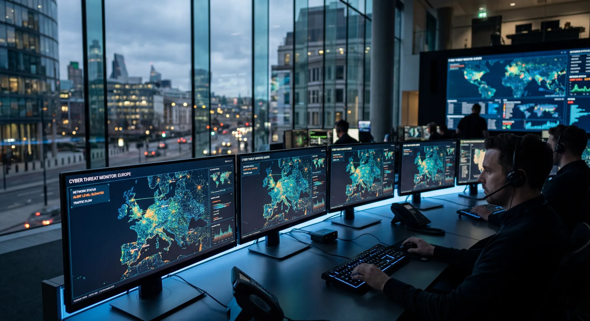 A high-tech cybersecurity operations center in Europe, featuring a row of modern computer monitors displaying abstract digital maps of the European continent with glowing data points. Soft blue ambien