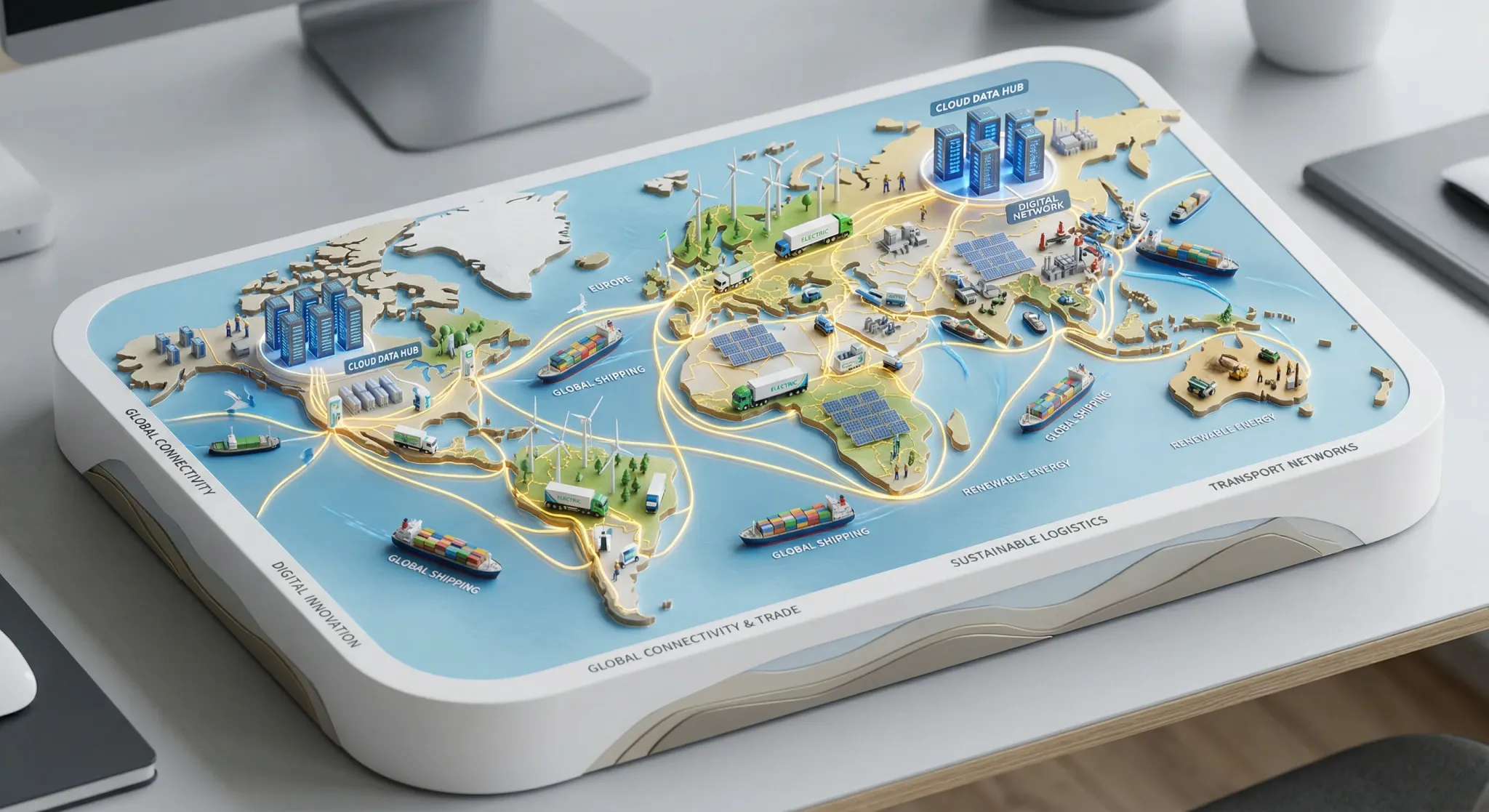 An isometric 3D diorama representing global connectivity and trade between continents. Tiny detailed models of cargo ships, electric trucks, and digital server towers are connected by glowing gold pat