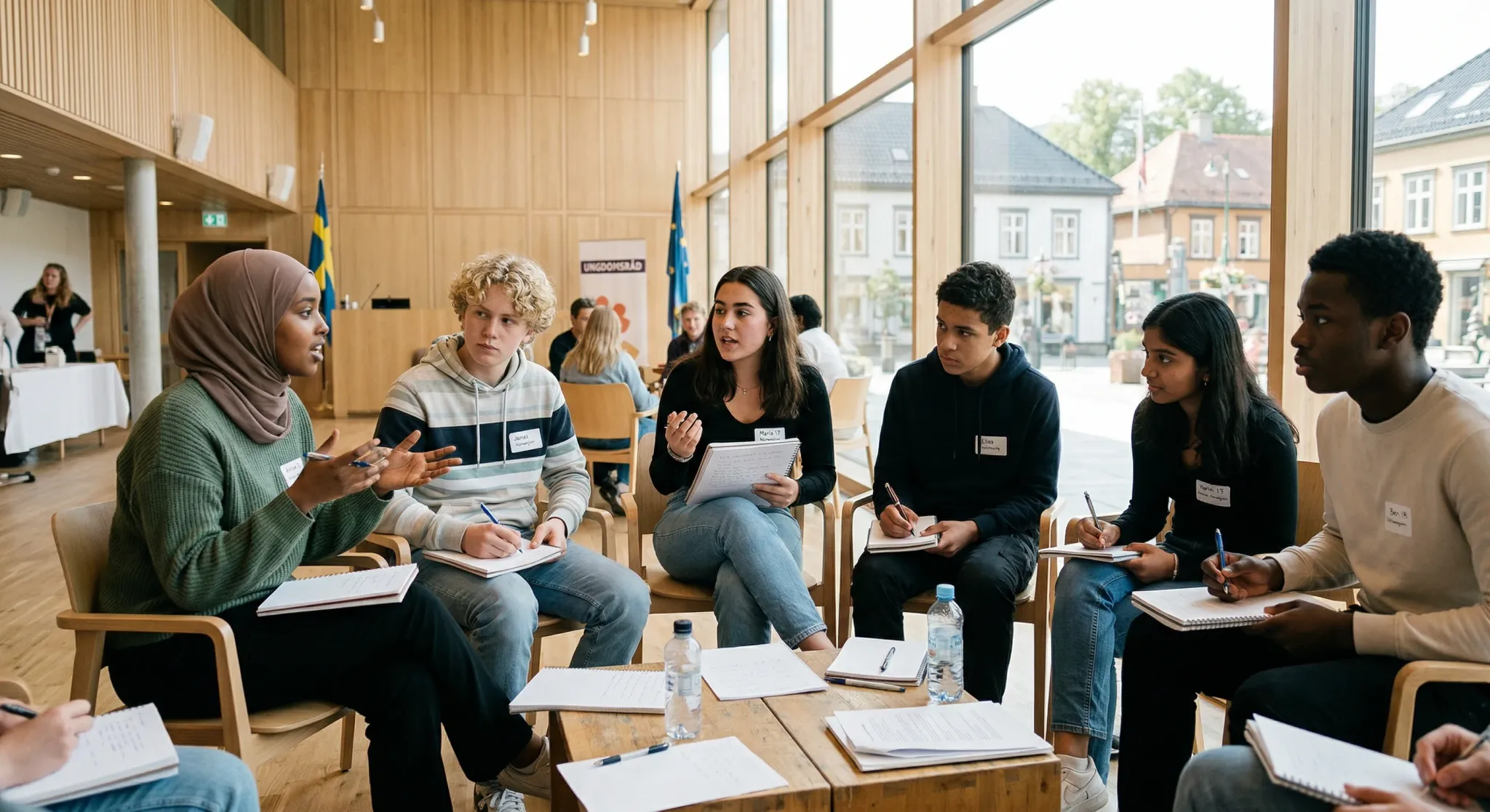 A group of diverse teenagers in a bright, modern Scandinavian town hall with light wood panels and large windows. They are sitting in a semi-circle, engaged in an earnest discussion with notebooks and