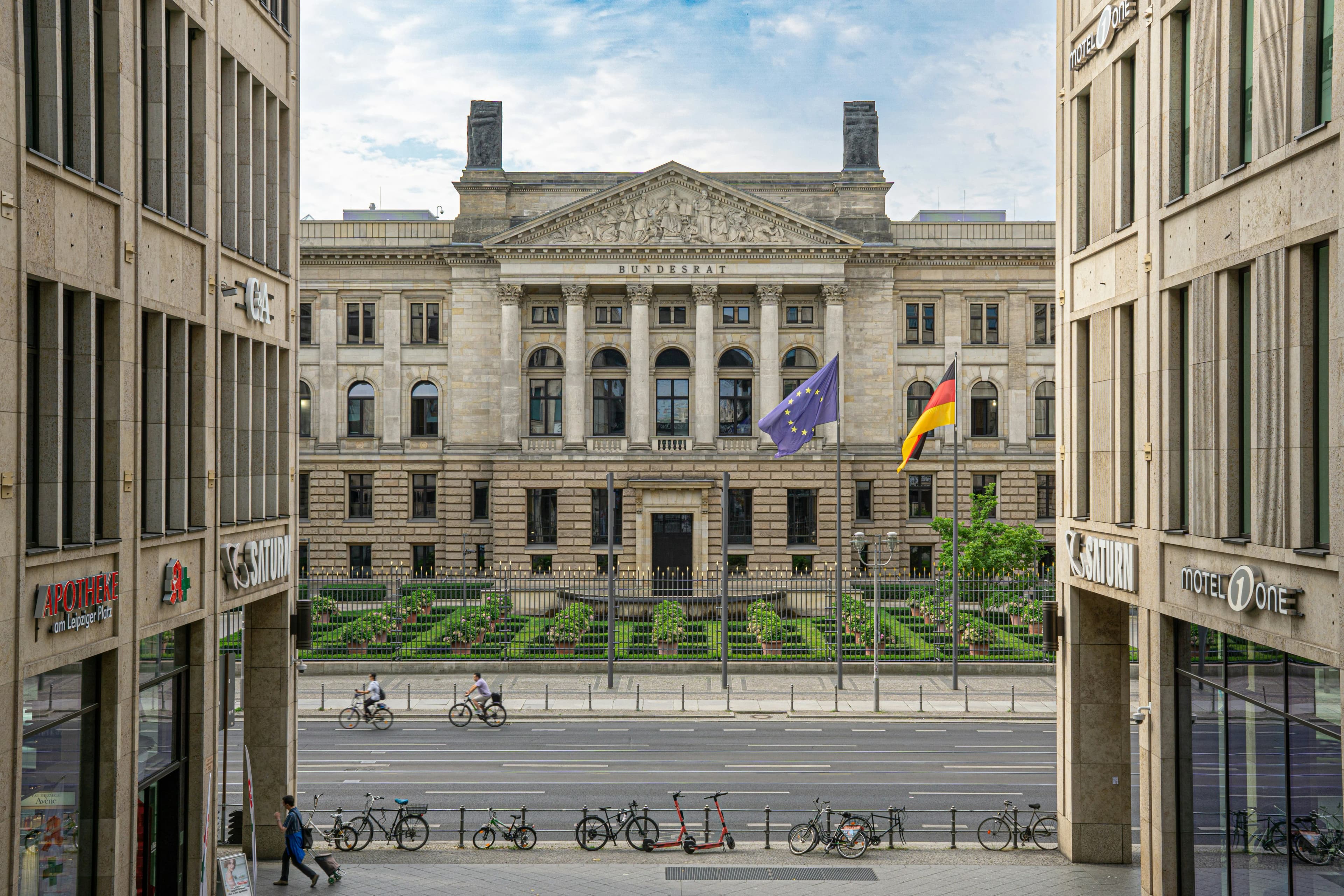 Reichstag building with german and eu flags flying