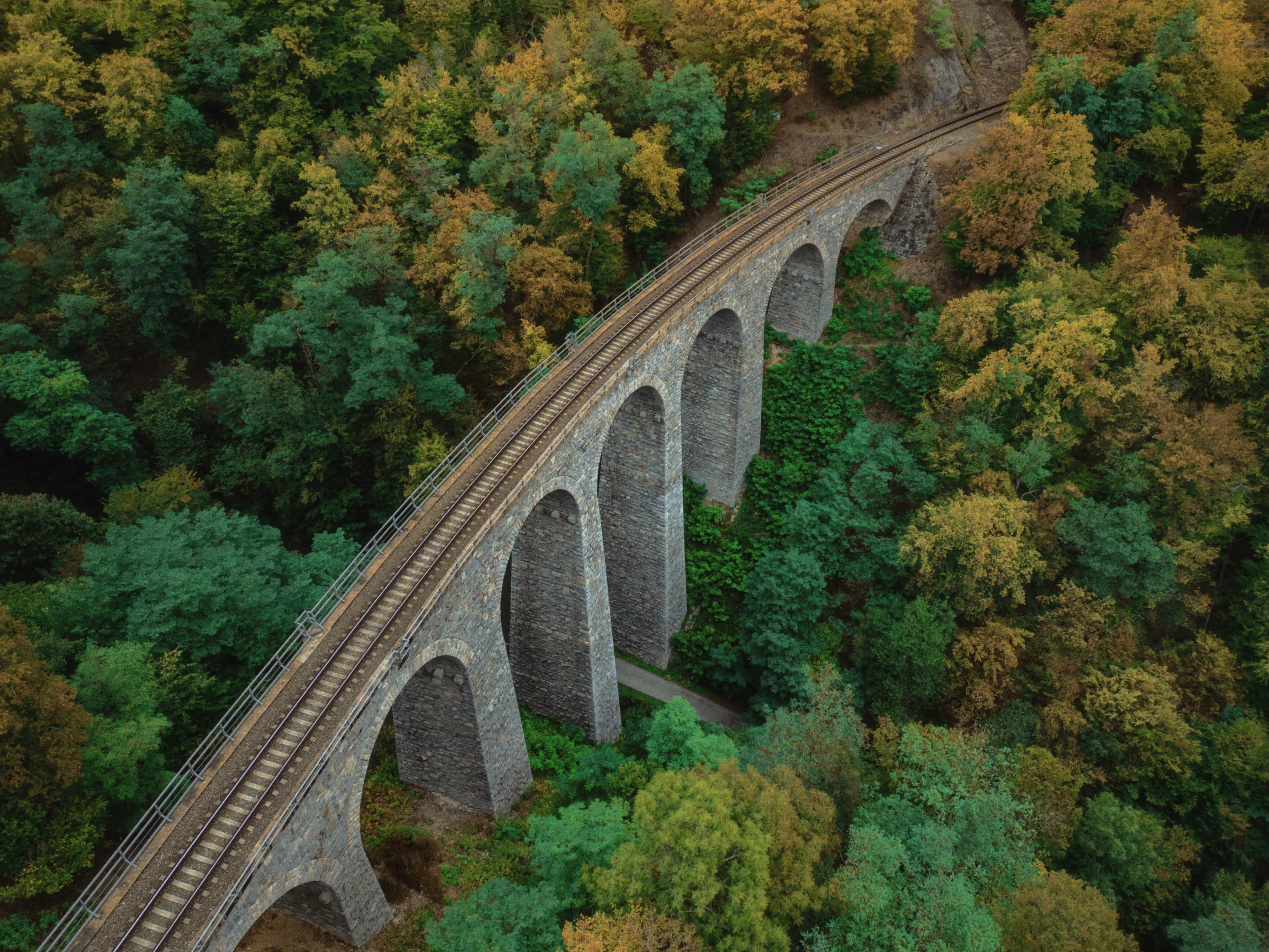 Stone railway viaduct arches through autumn forest.