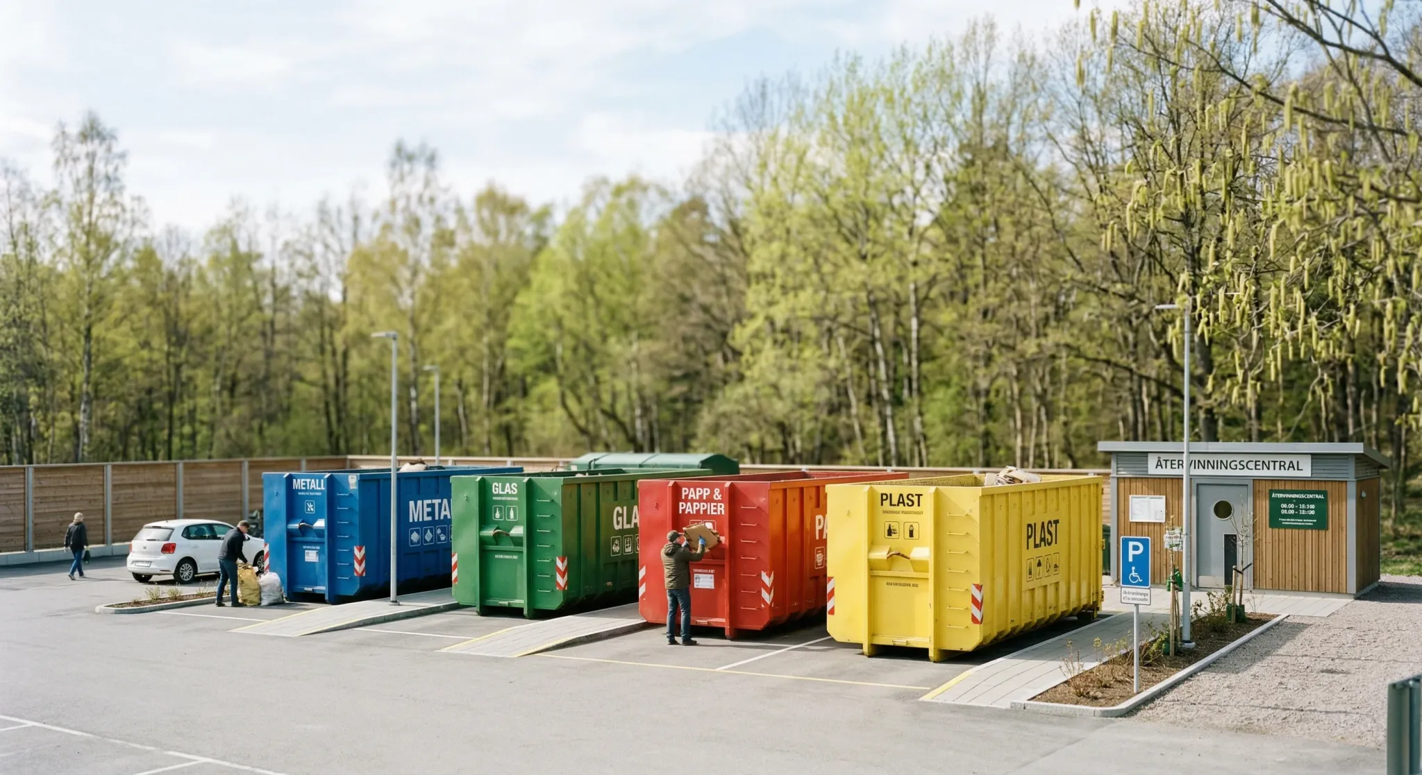 A clean and well-organized modern outdoor recycling center in Northern Europe under soft spring sunlight. Large colorful industrial containers for metal, glass, and paper are neatly arranged on a clea