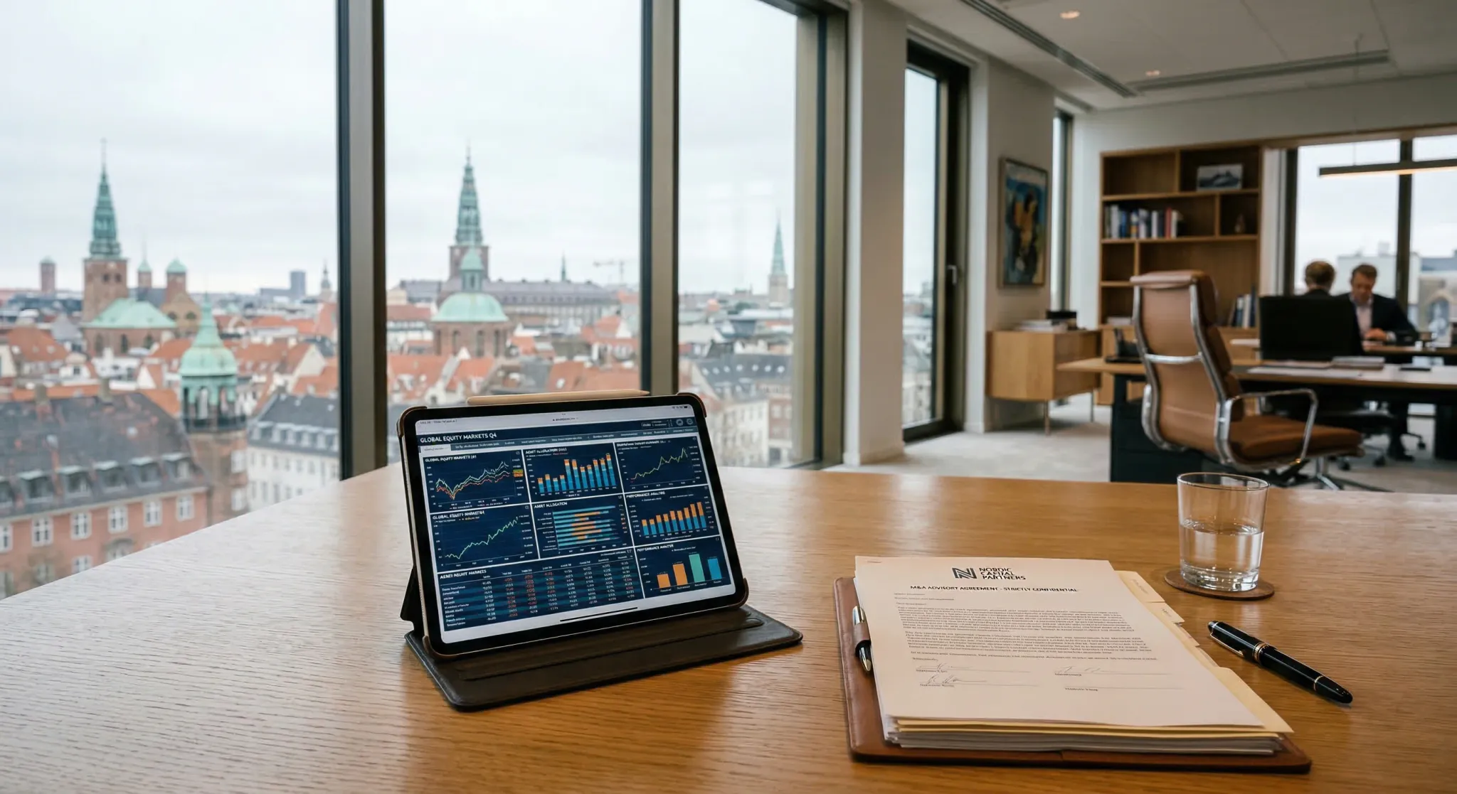 A wide-angle, photorealistic shot of a modern, high-end office interior in a Northern European financial district. On a polished oak desk sits a tablet showing complex financial charts and a stack of