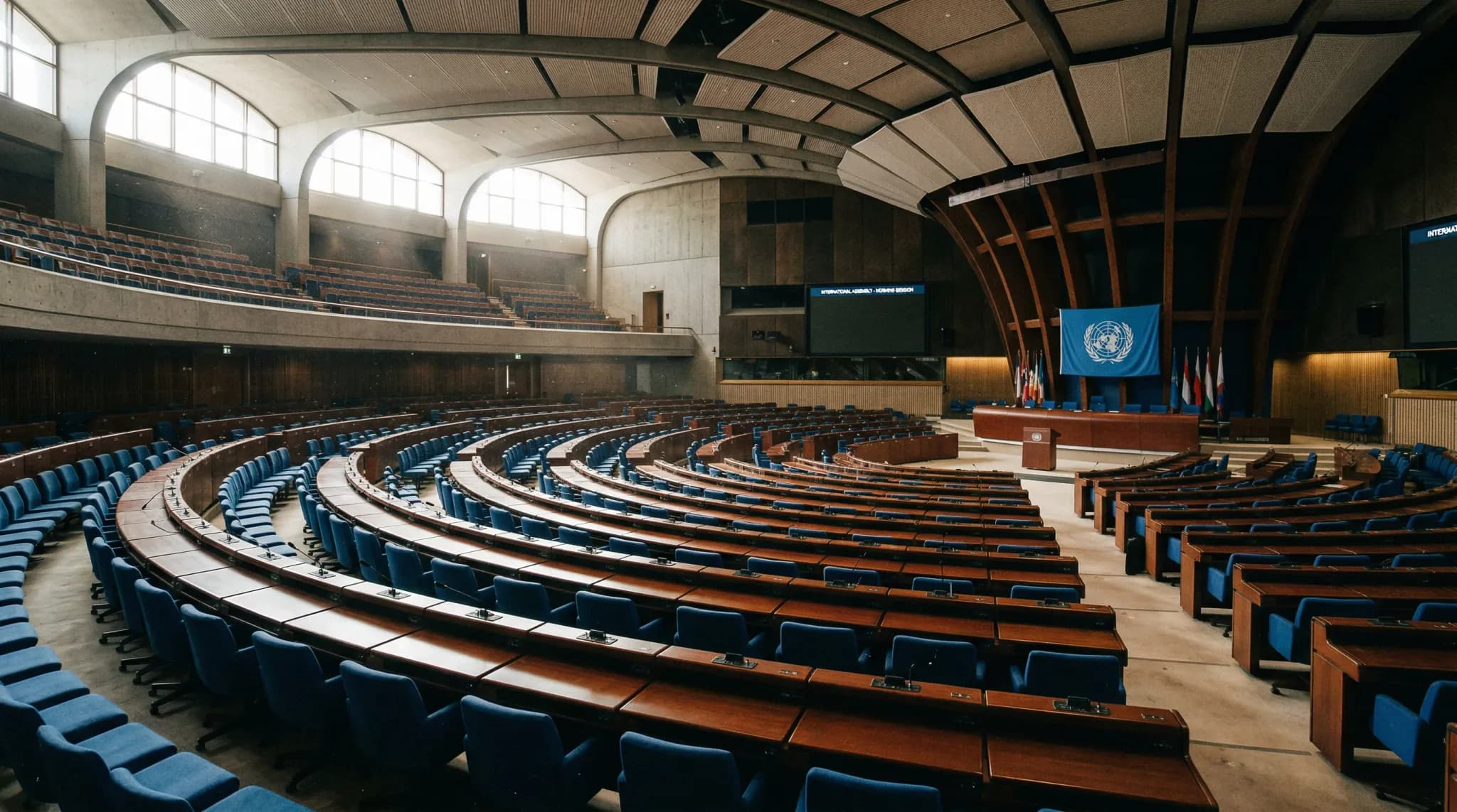 A wide-angle documentary shot of an empty international assembly hall with curved rows of polished wooden desks and blue seating. Soft morning light enters from high windows, illuminating dust motes i