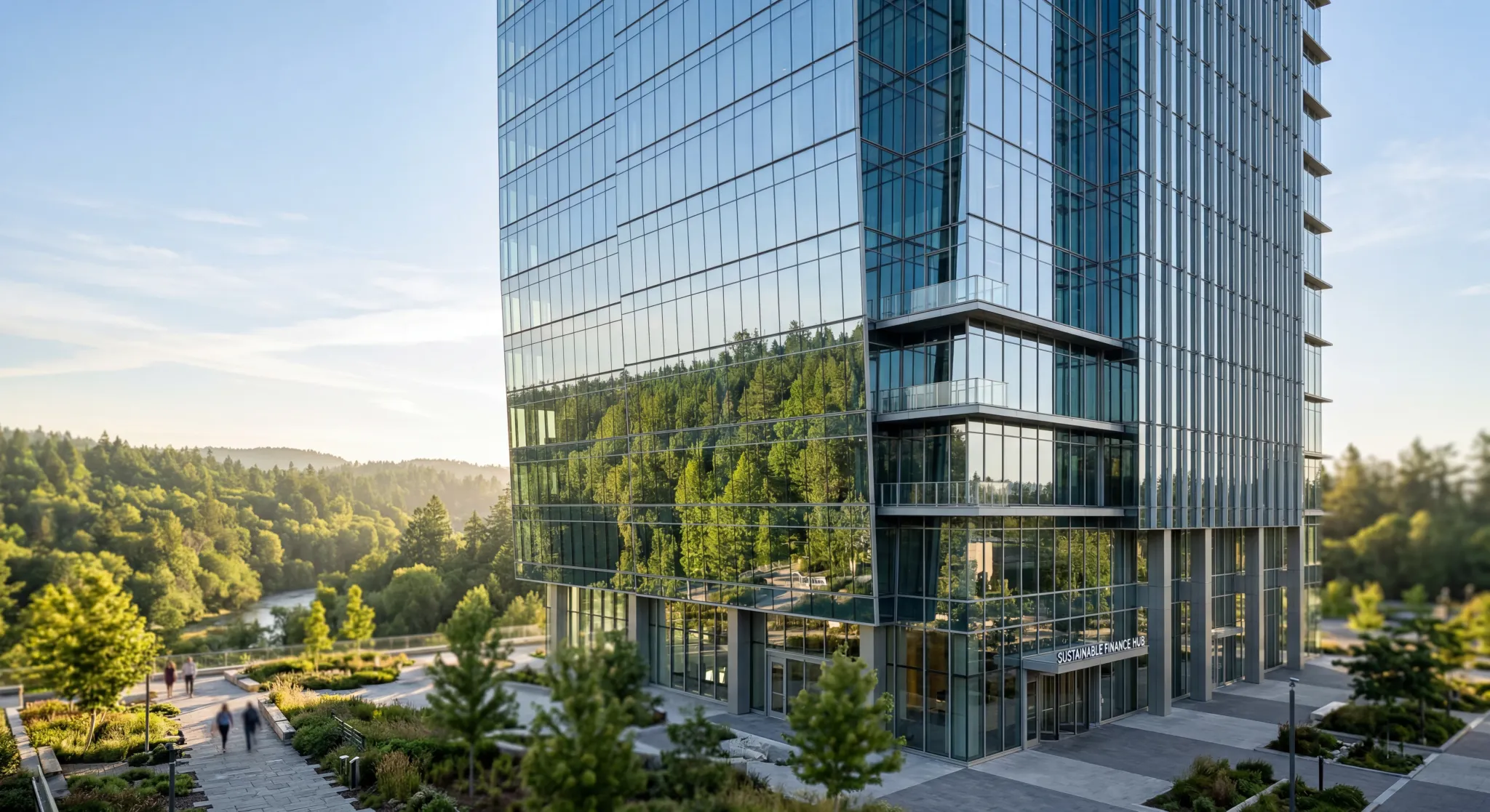 A wide-angle, photorealistic shot of a modern glass skyscraper reflecting a lush green forest under the soft light of a morning sun. The architectural focus is on the clean lines of the glass facade,
