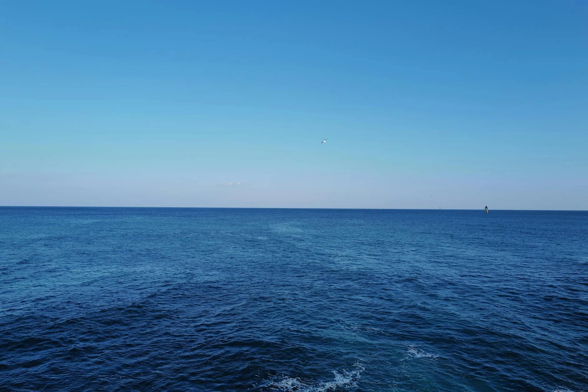 A serene view of the vast blue ocean merging with the clear sky on a sunny day.