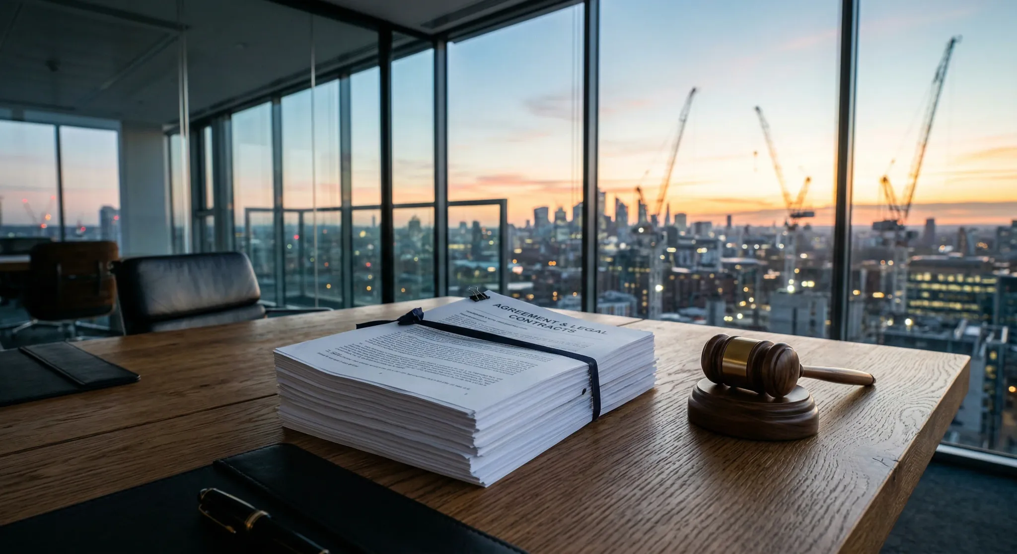 A close-up, low-angle shot of a heavy oak conference table in a modern glass-walled room. On the table lies a stack of thick white legal documents and a classic wooden gavel. In the background, throug
