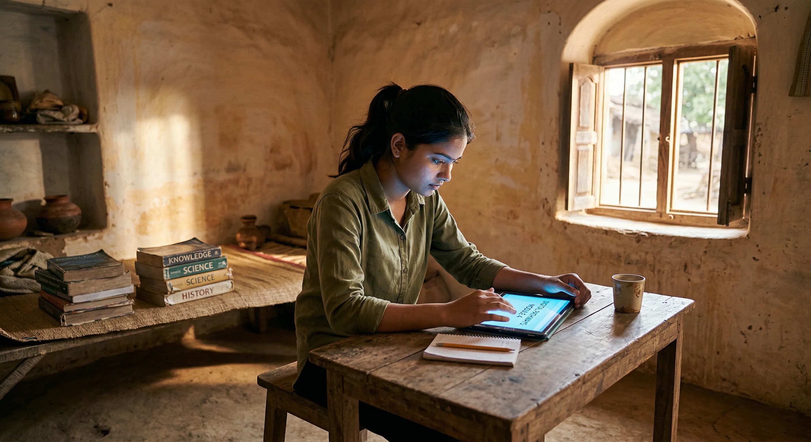 A photorealistic, wide-angle shot of a young student sitting at a simple wooden desk in a room with textured, sun-bleached walls. The student is focused on a glowing tablet screen that illuminates the