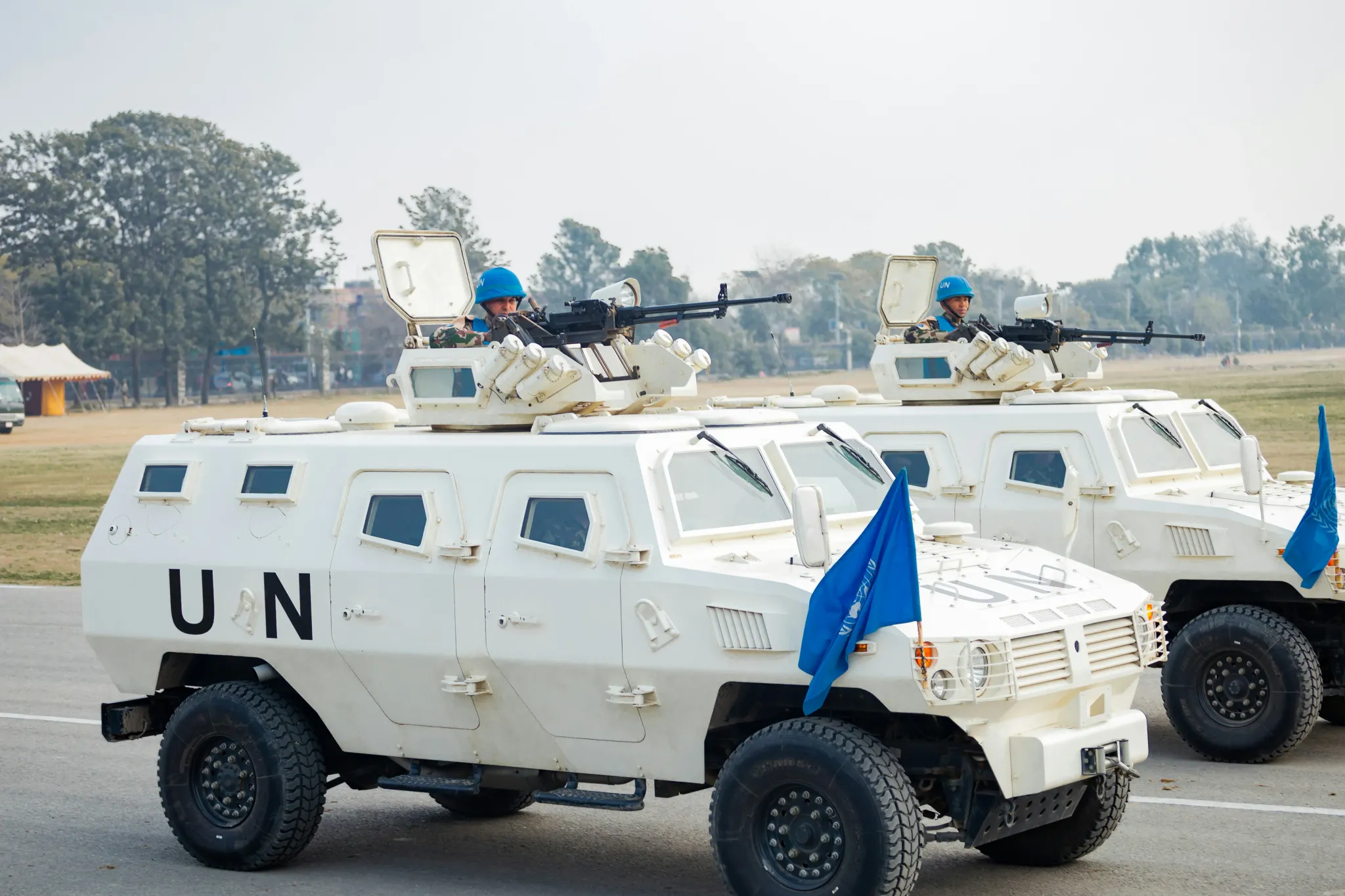 United nations armored vehicles with soldiers