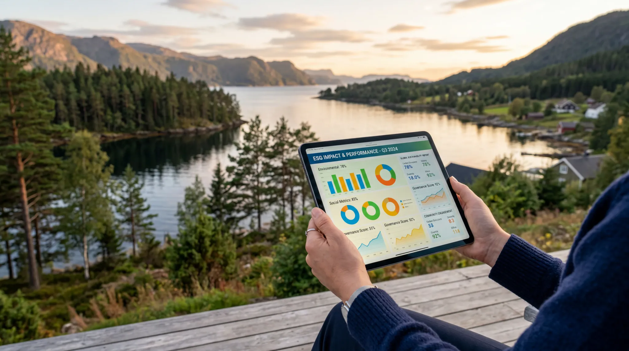 A photorealistic wide-angle shot of a person's hands holding a tablet displaying colorful ESG data charts, with a background of a serene Nordic coastal landscape featuring pine trees and calm water. T