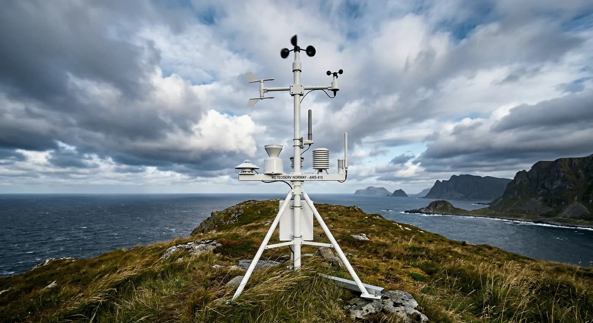 A modern white automated weather station with spinning anemometers and sensors stands on a grassy coastal ridge in Northern Europe. In the background, a cold sea stretches toward the horizon under a v