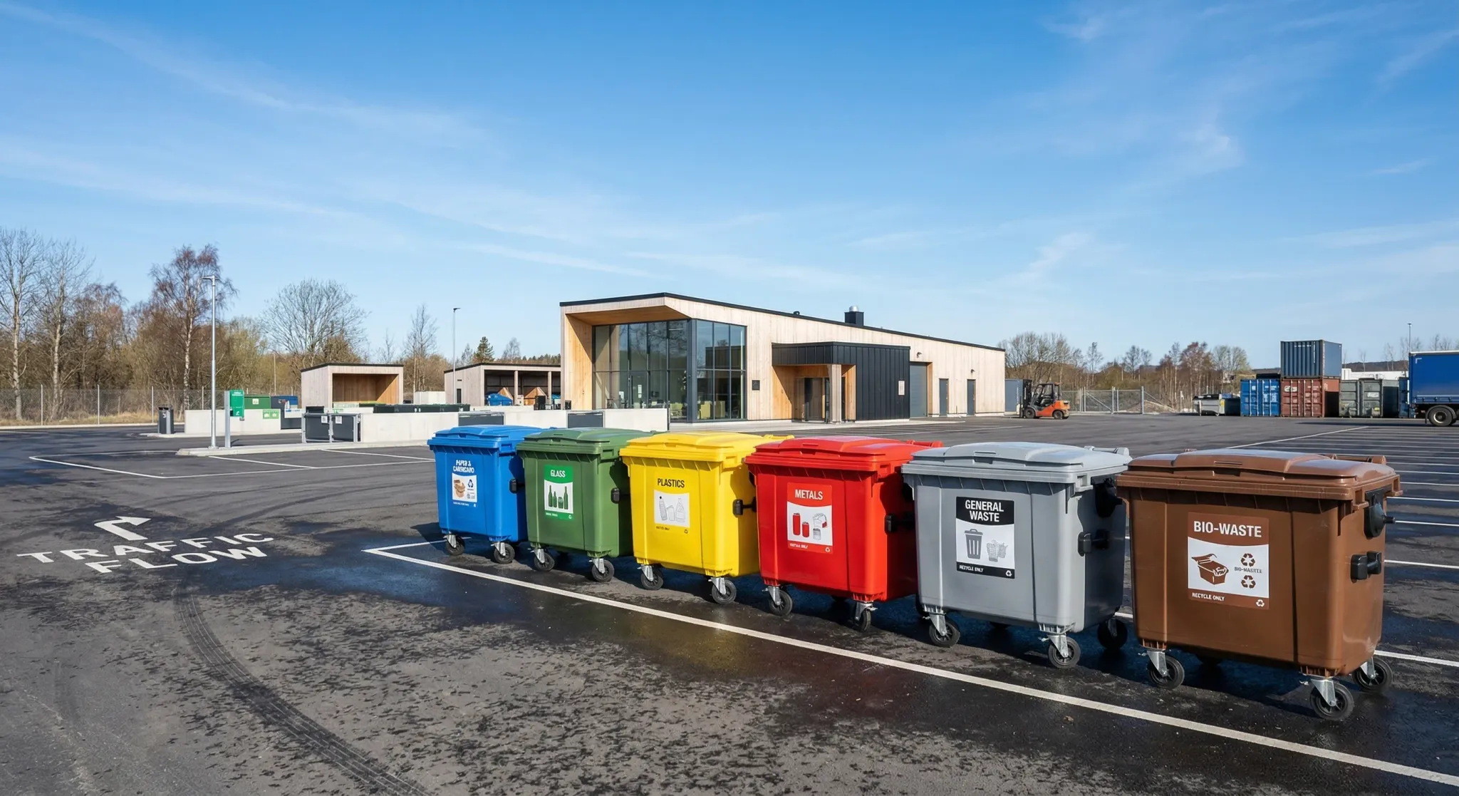 A photorealistic shot of a row of clean, large plastic waste containers on an asphalt-paved recycling center. The background features a clear blue sky and a distant modern facility building with a Sca