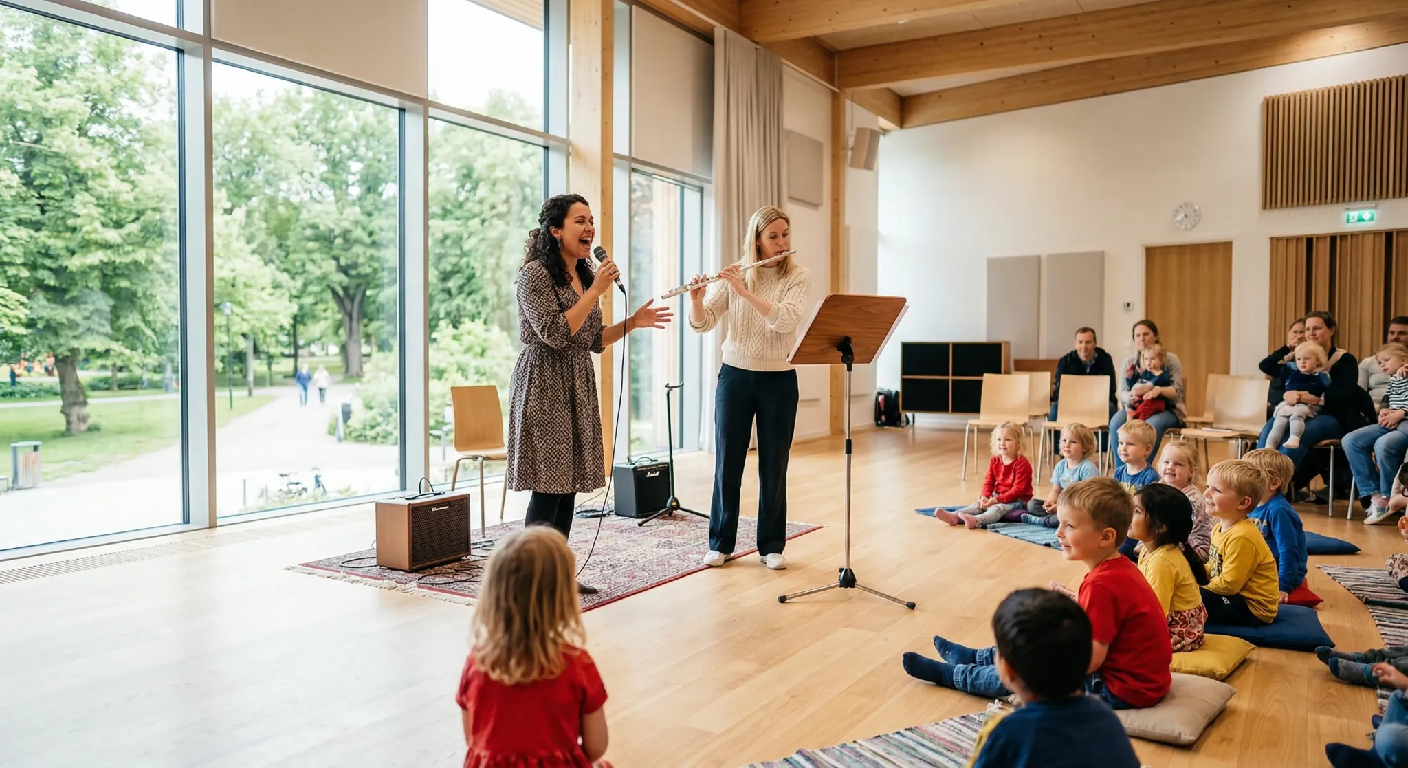A bright, modern Scandinavian assembly hall with light wood floors and large windows looking out onto a green park. In the center, two female musicians—one playing a silver flute and another gesturing