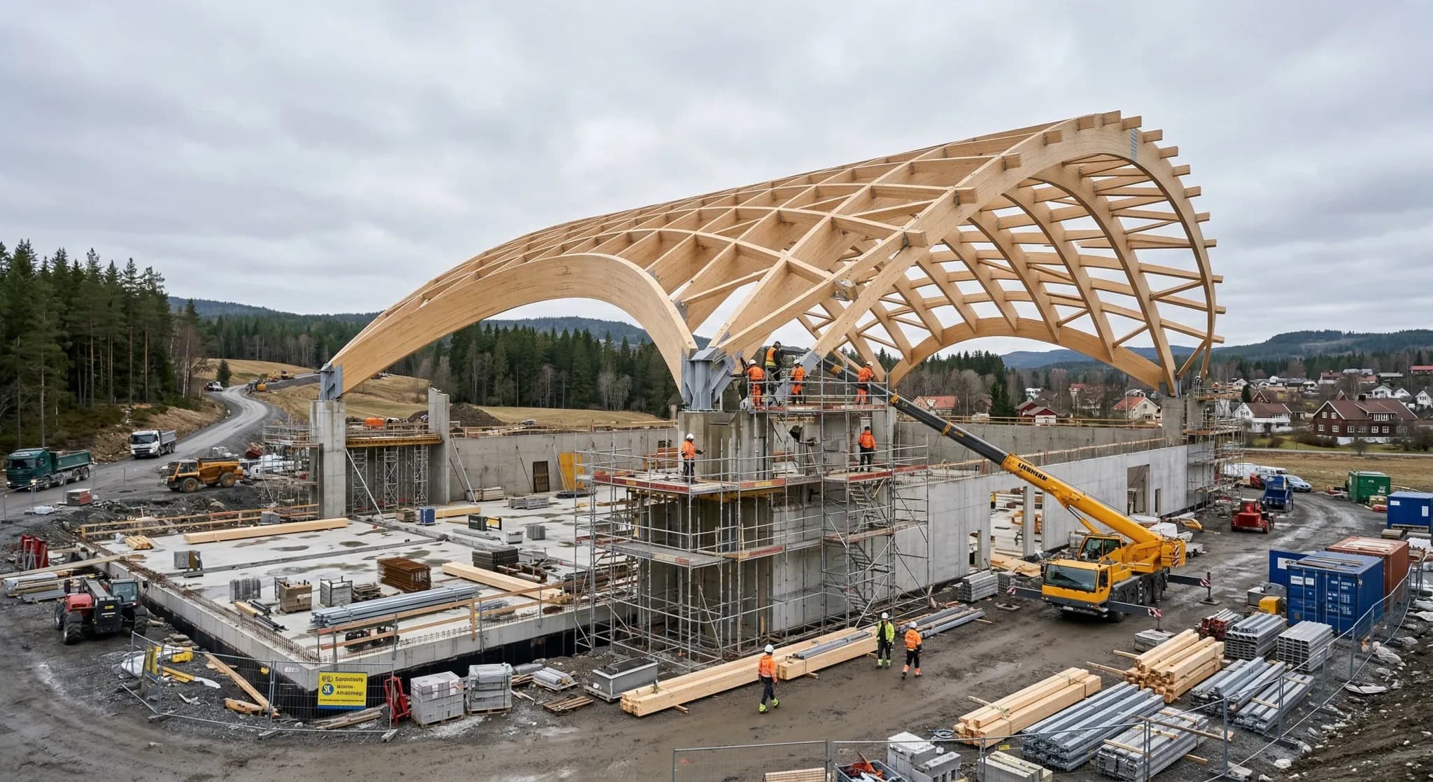 A wide-angle photorealistic shot of a large modern sports hall under construction in a Northern European setting. The structure features massive laminated timber beams forming the roof skeleton agains