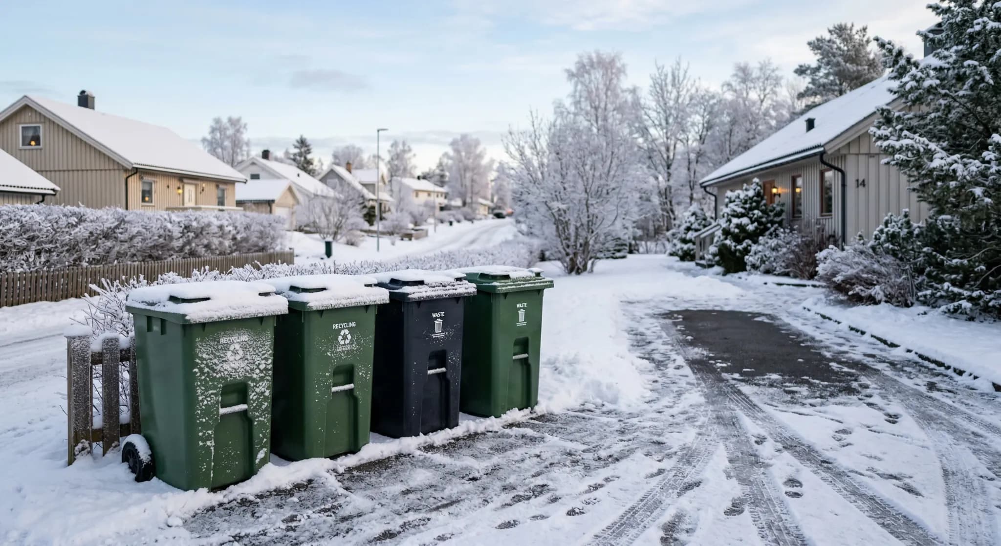 A row of modern green and black household waste bins partially covered in fresh white snow at the edge of a residential driveway. The scene is set in a quiet Northern European suburb during a cold mor