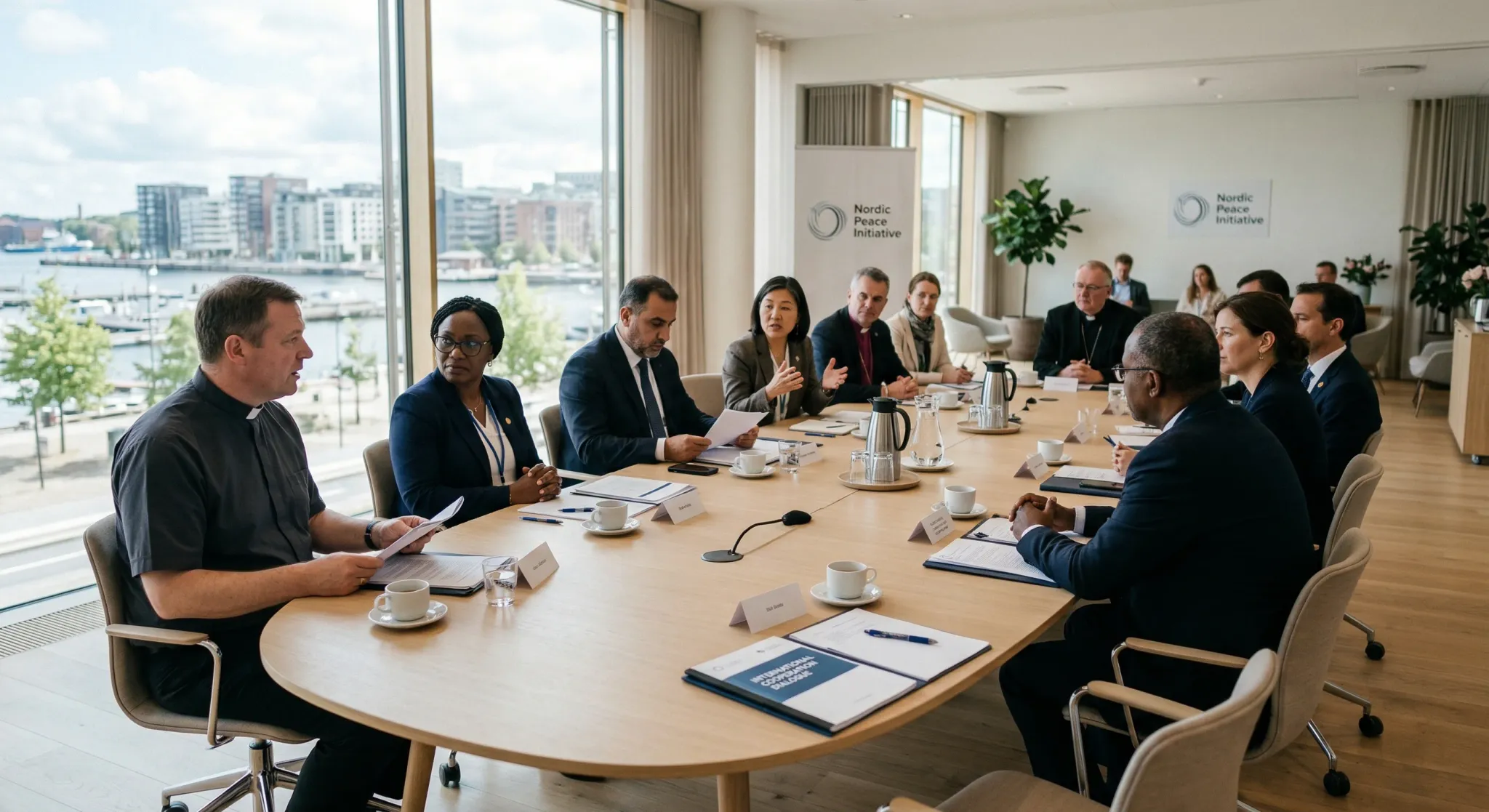 A professional diplomatic meeting taking place inside a sunlit hall with large windows and minimalist Scandinavian-style furniture. A diverse group of people in clerical shirts and business suits are