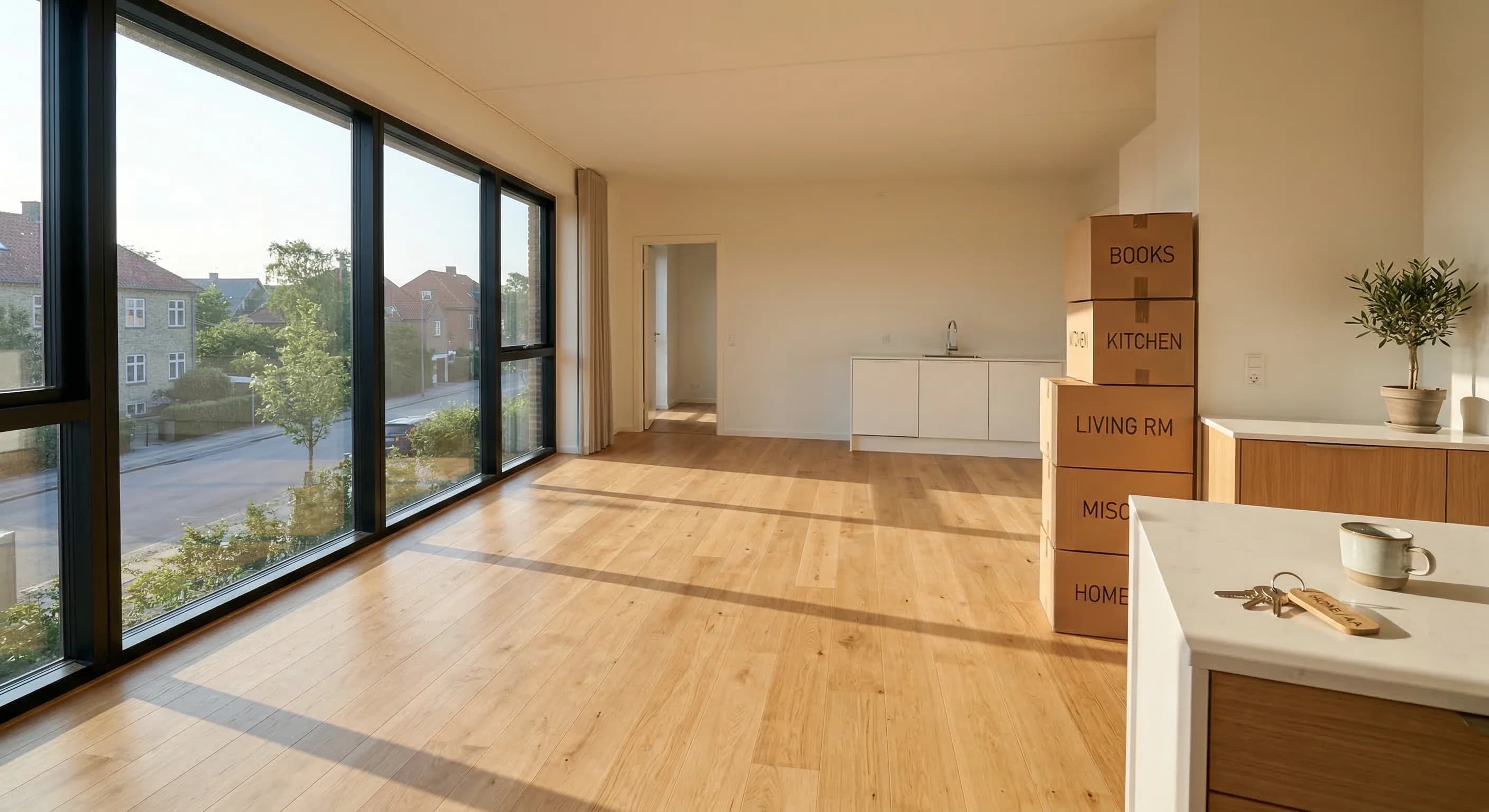 A w ide-angle p hotorealist ic s hot o f a b righ t, m inimalis t S candinavia n a partment w ith l igh t w ood f loors a nd l arge w indows . I n t he c orner, a f ew n eatly s tacked c ardboar d m o