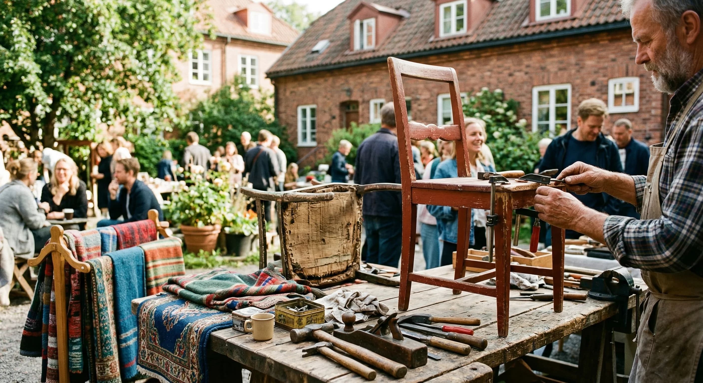 A bright, outdoor community gathering in a green Scandinavian courtyard with red-brick buildings in the background. A wooden table is covered with vintage tools, old wooden chairs being repaired, and