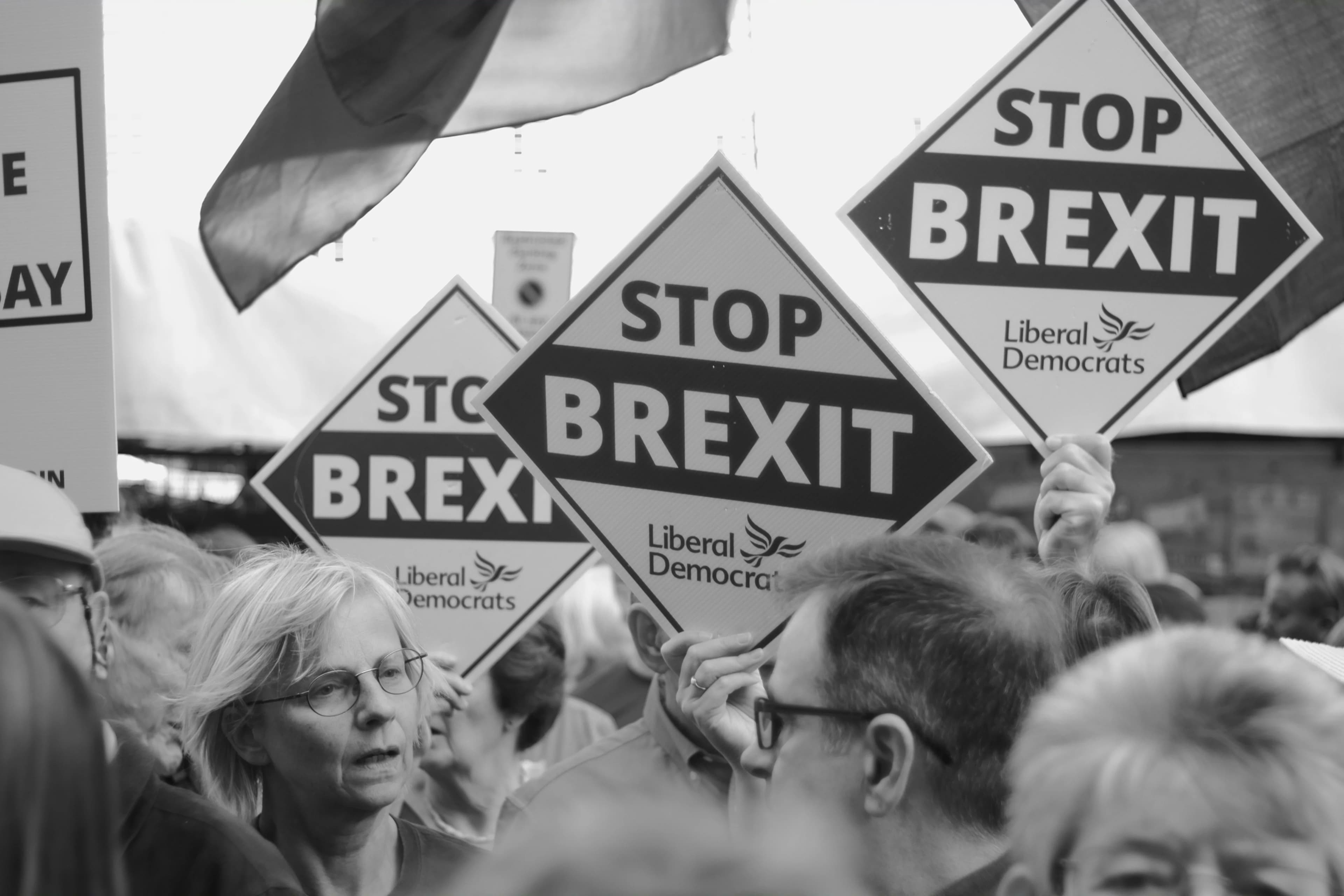 People holding "stop brexit" signs at a rally.