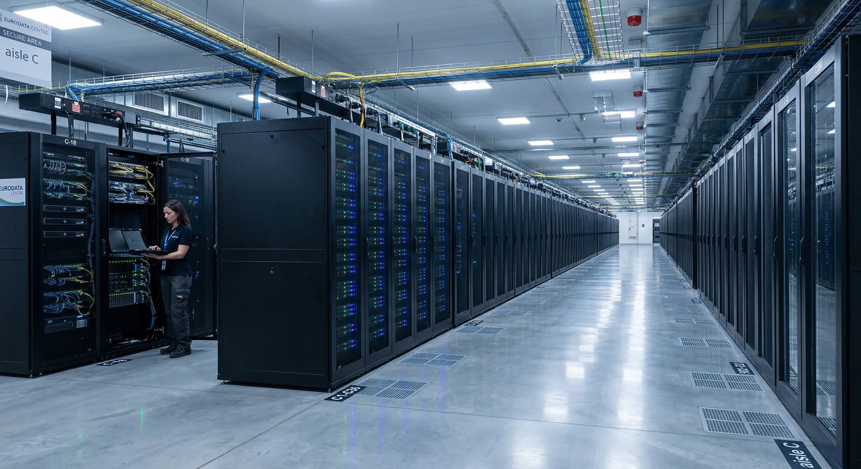 A wide-angle, photorealistic shot of a modern European data center server room. Rows of sleek black server racks stretch into the distance, illuminated by small, glowing blue and green status lights.