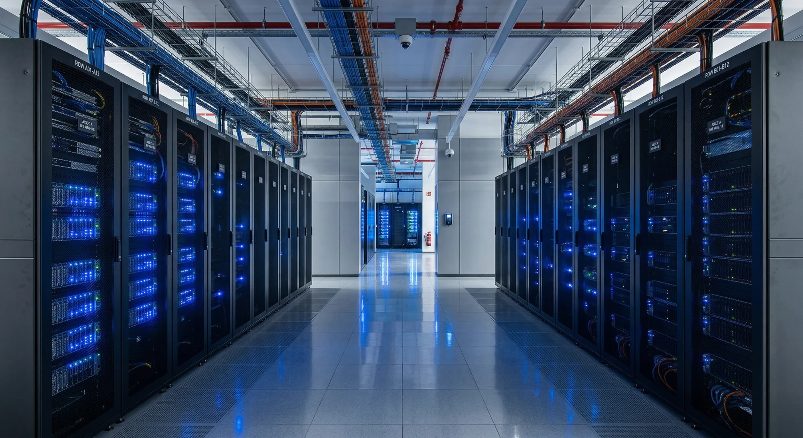 A wide-angle, photorealistic shot of a sophisticated European data center corridor. Symmetrical rows of server cabinets with glowing blue status lights create a sense of depth and high-tech security.