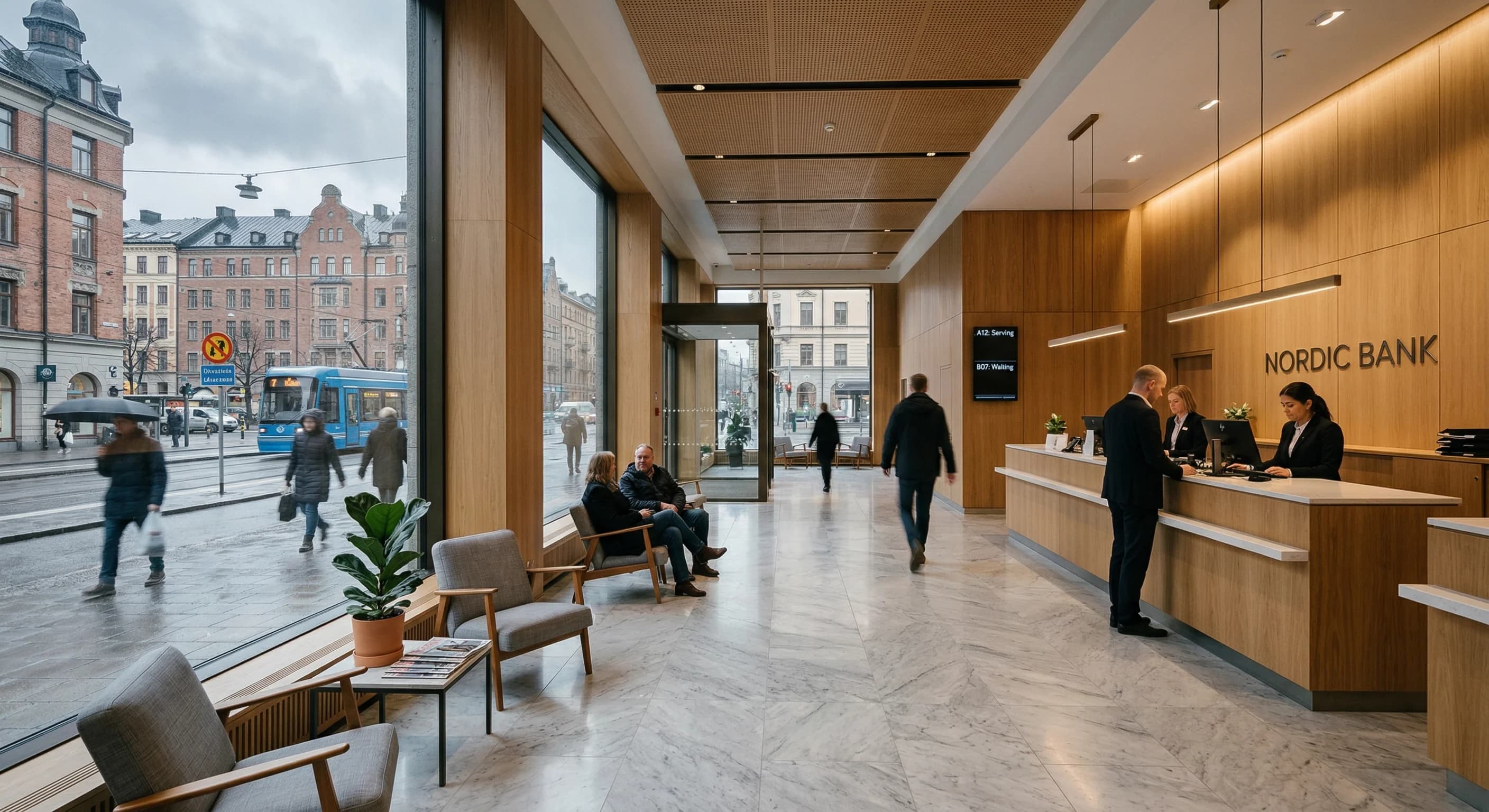 A wide-angle photorealistic shot of a modern, minimalist bank lobby in Northern Europe. Large floor-to-ceiling windows reveal a gray, overcast city street, while the interior features warm oak wood pa