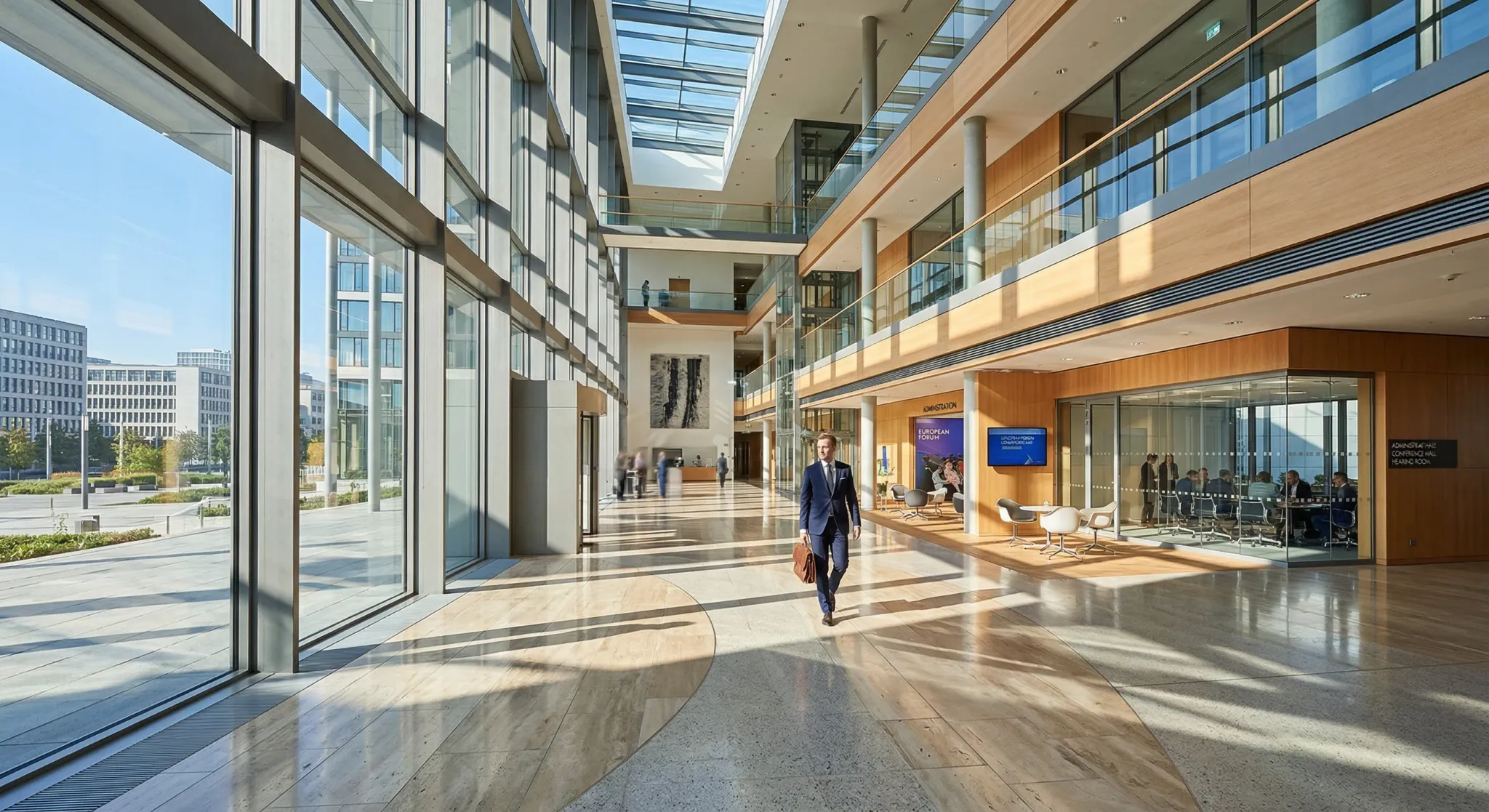 A wide-angle photorealistic shot of a modern European government building atrium with sleek glass walls and light wood accents. Soft morning sunlight streams through high windows, creating long shadow