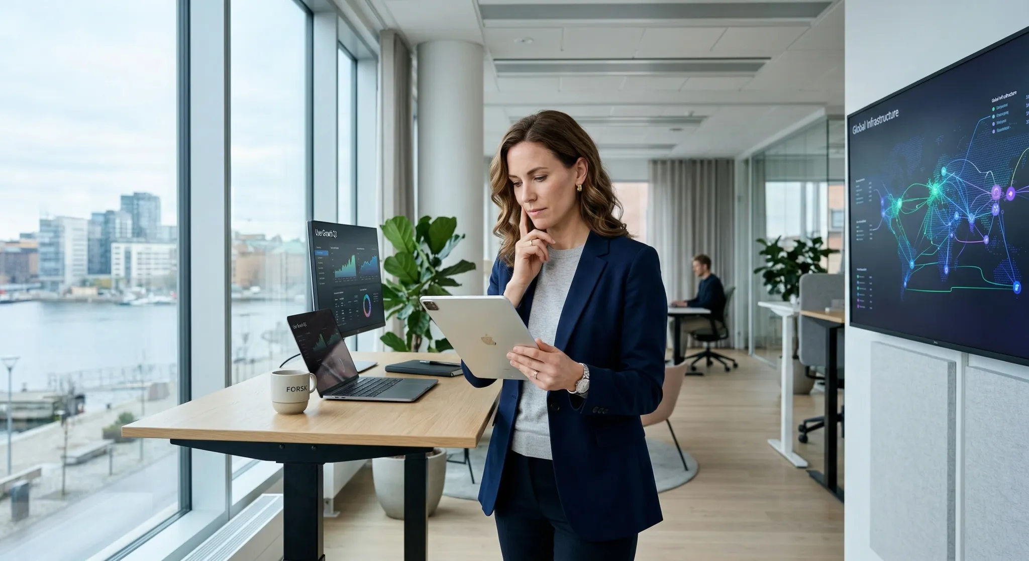 A professional woman in a modern Scandinavian office setting, looking thoughtfully at a tablet. In the background, large windows reveal a soft-focus city view, and a large monitor displays abstract ne