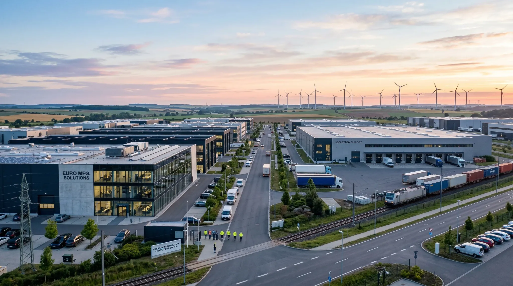 A photorealistic wide-angle shot of a modern European industrial zone at dawn. Large, clean-lined manufacturing buildings with glass facades sit under a soft blue sky. In the far distance, the silhoue