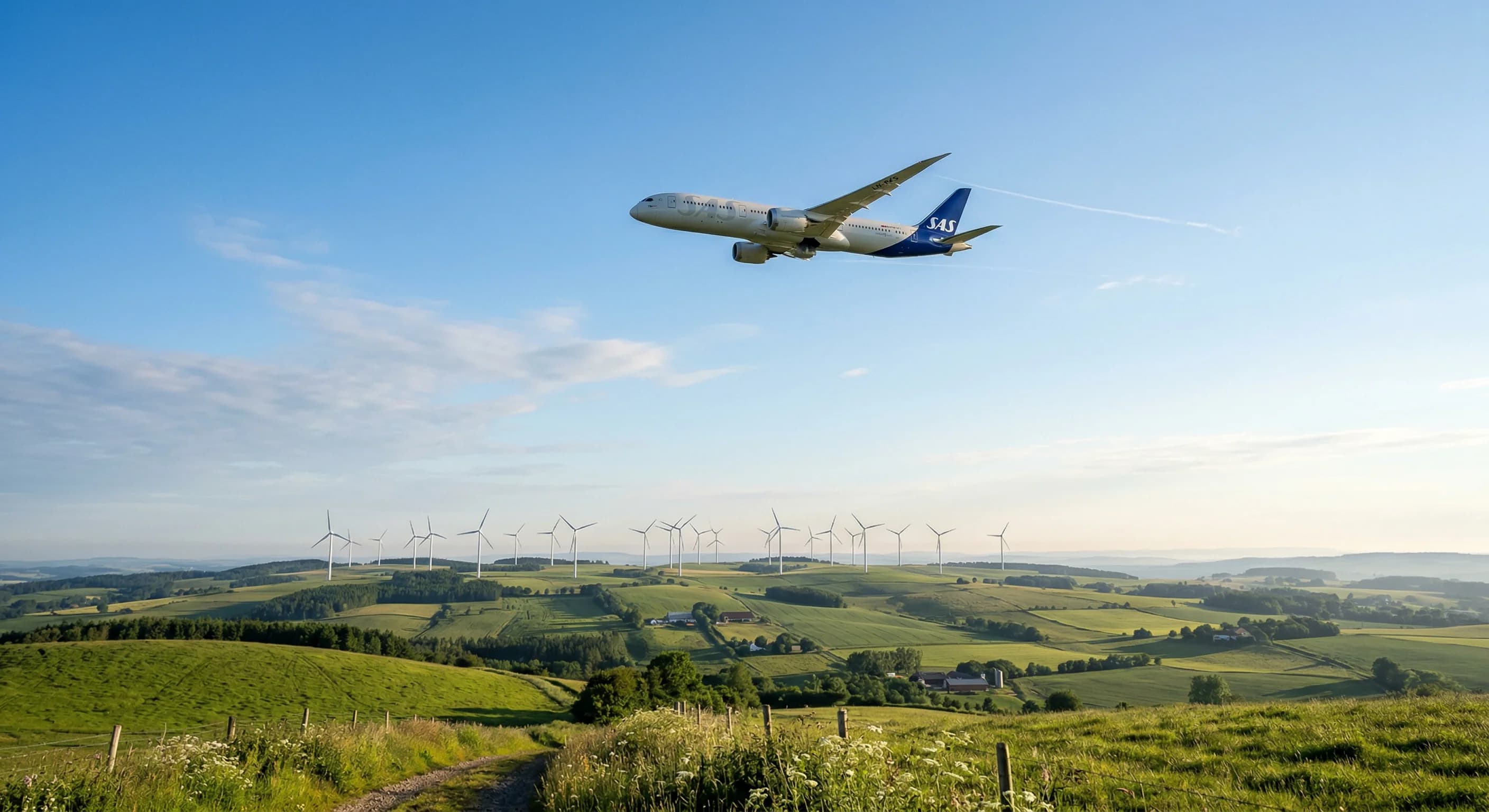 A wide-angle, low-angle photograph of a modern commercial airplane soaring through a clear blue sky over a landscape of rolling Northern European hills and white wind turbines. The lighting is soft mo