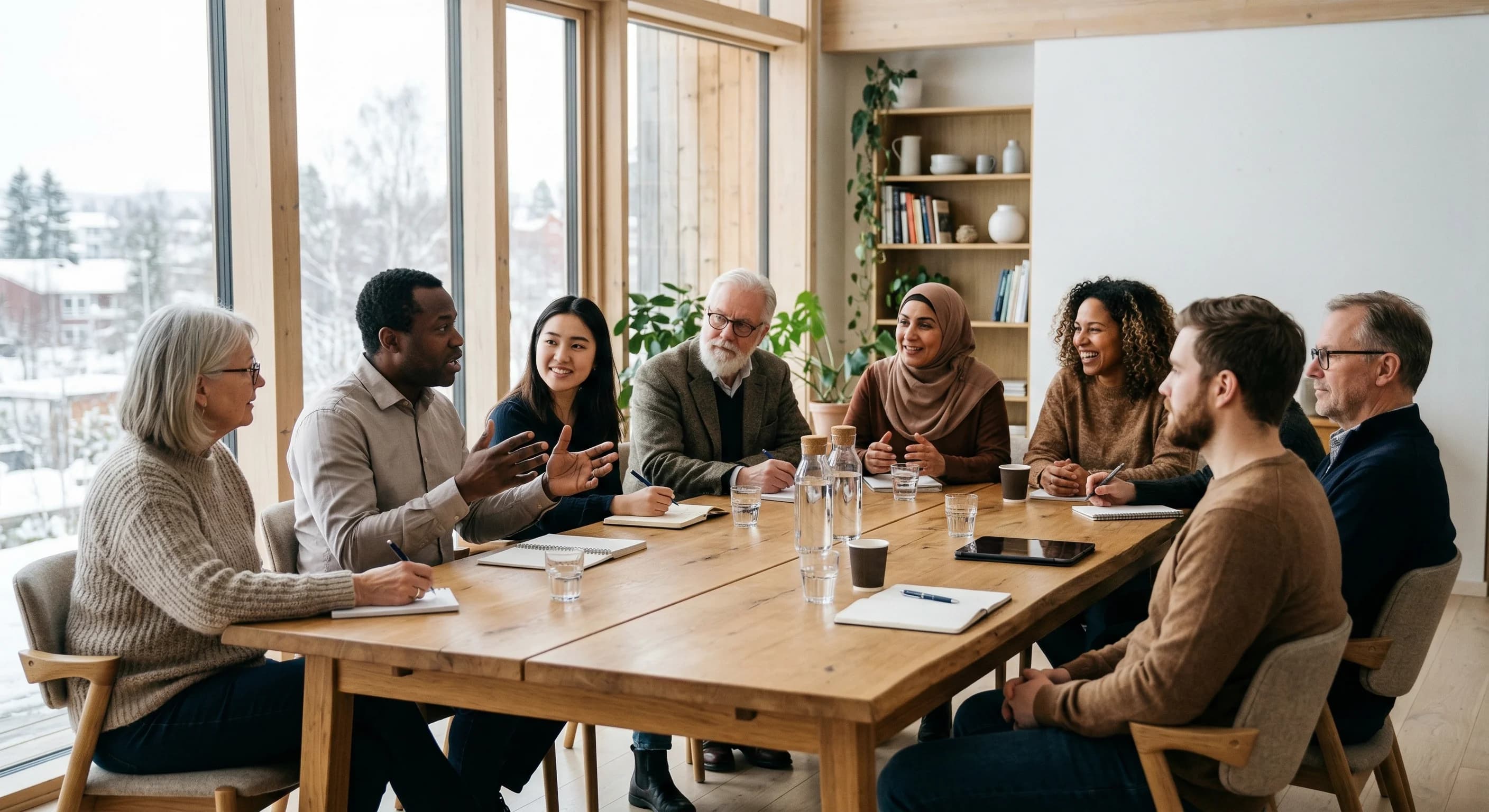 A diverse group of adults of various ages and backgrounds sitting around a light oak wooden table in a bright, modern Scandinavian meeting room with large windows. They are engaged in a constructive d