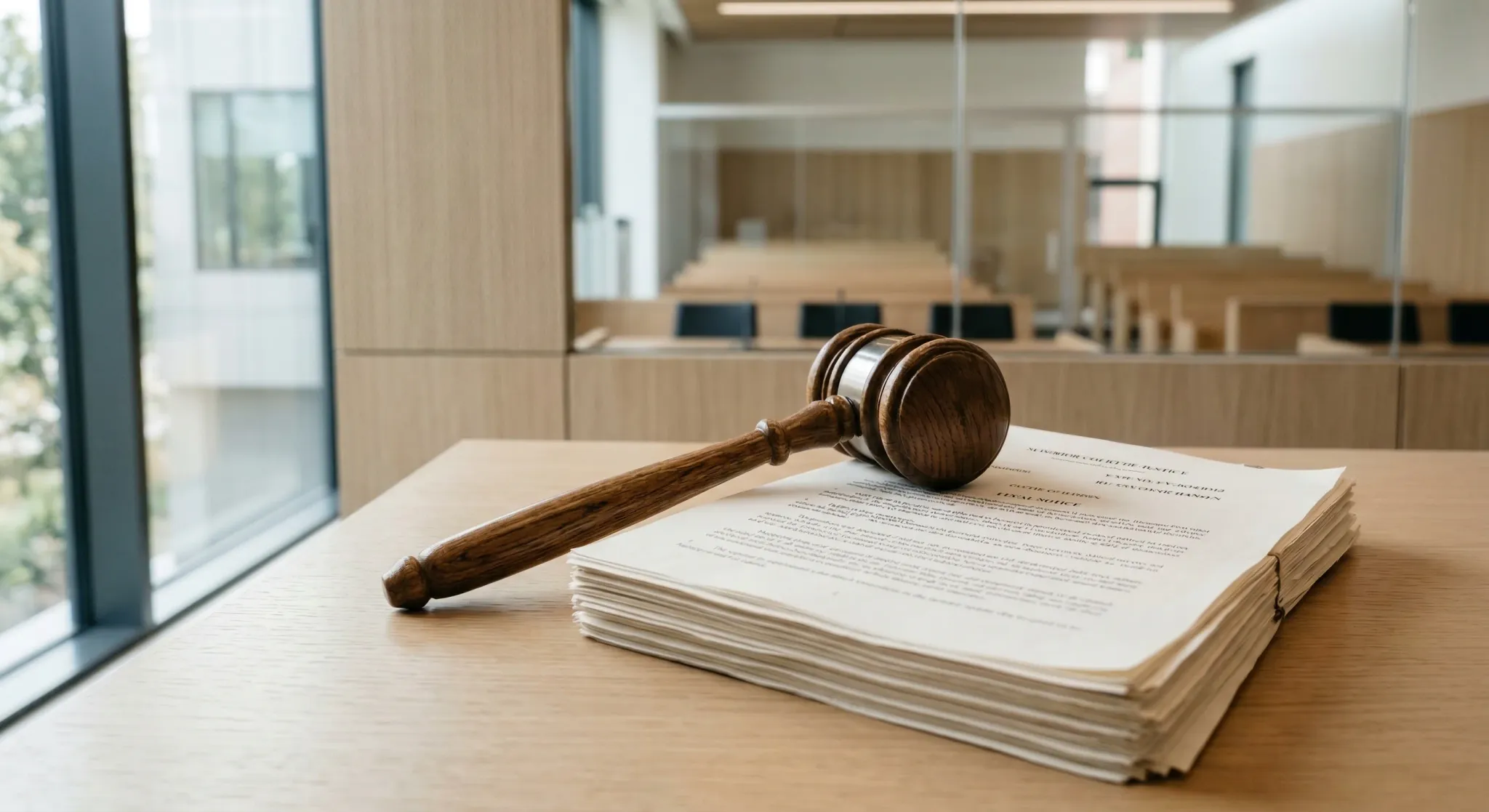 A close-up, photorealistic shot of a polished oak gavel resting on a stack of legal papers on a minimalist wooden desk. The scene is bathed in soft, natural light coming from a large window in a moder