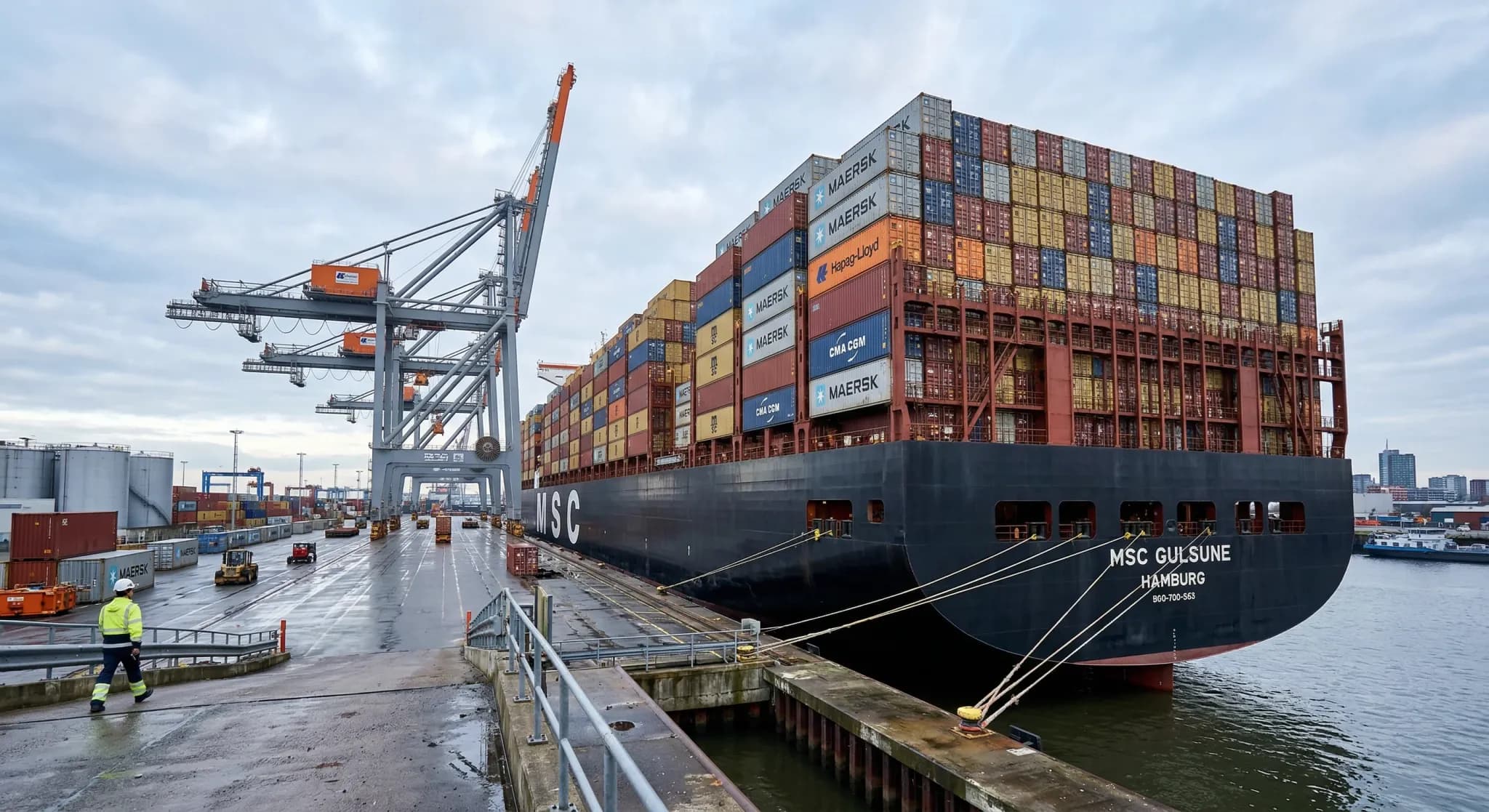 A massive cargo ship docked at a modern industrial harbor in Northern Europe. Rows of colorful shipping containers are stacked high on the deck under a soft, diffused morning light. The camera angle i