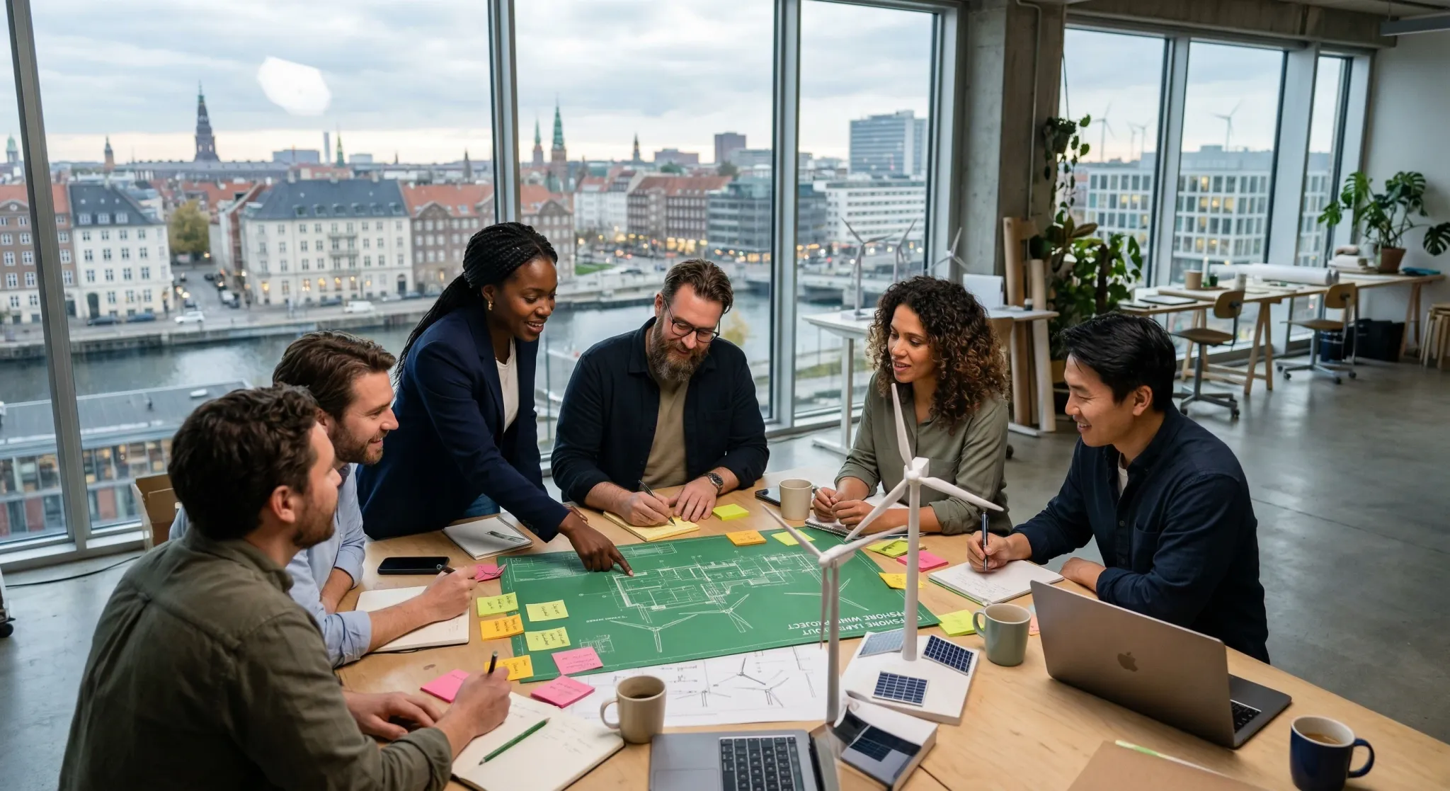 A group of diverse professionals in a bright, modern workshop space with large windows overlooking a Northern European city. They are gathered around a table covered with green diagrams, architectural
