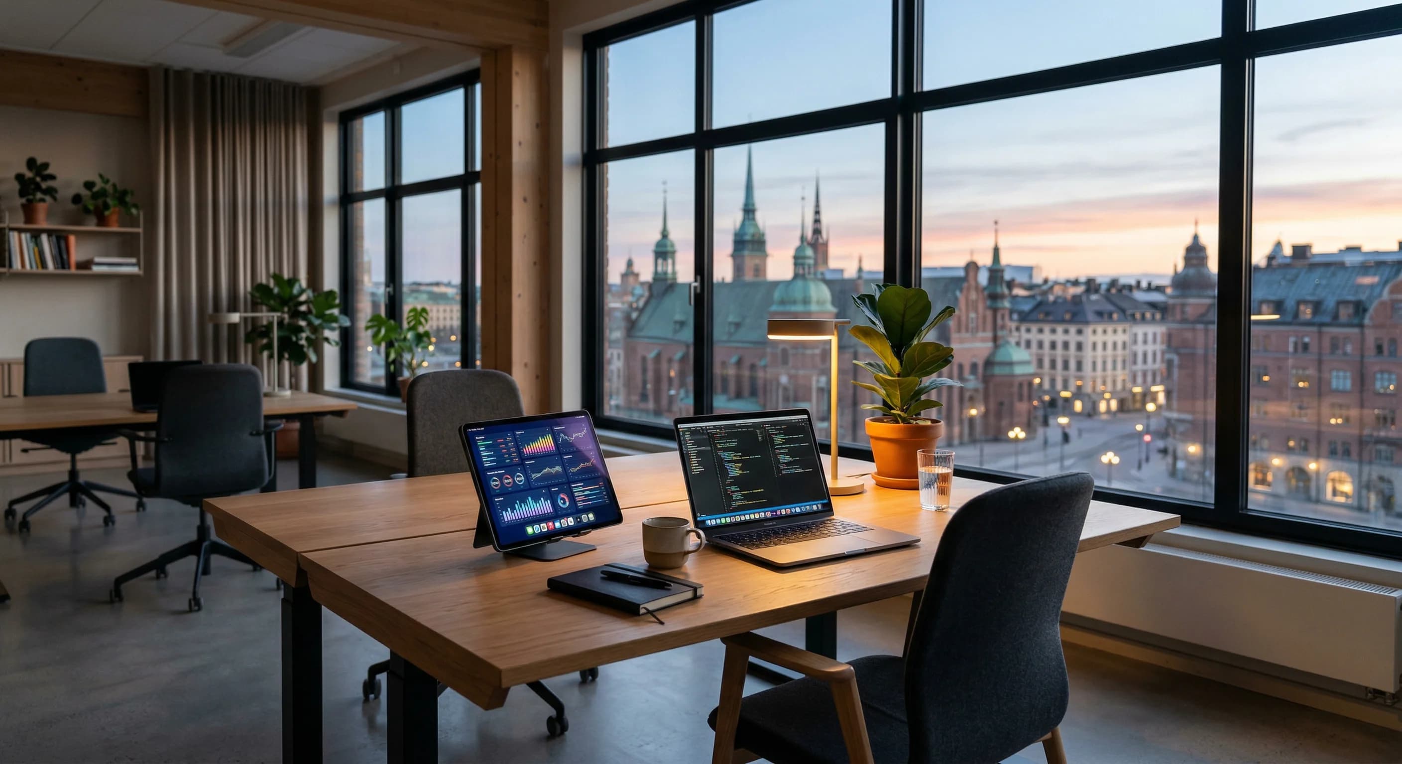 A bright, modern Scandinavian office interior at dawn. A high-end wooden desk features a tablet with glowing digital charts and a laptop. Through large windows, the rooflines of a Northern European ci