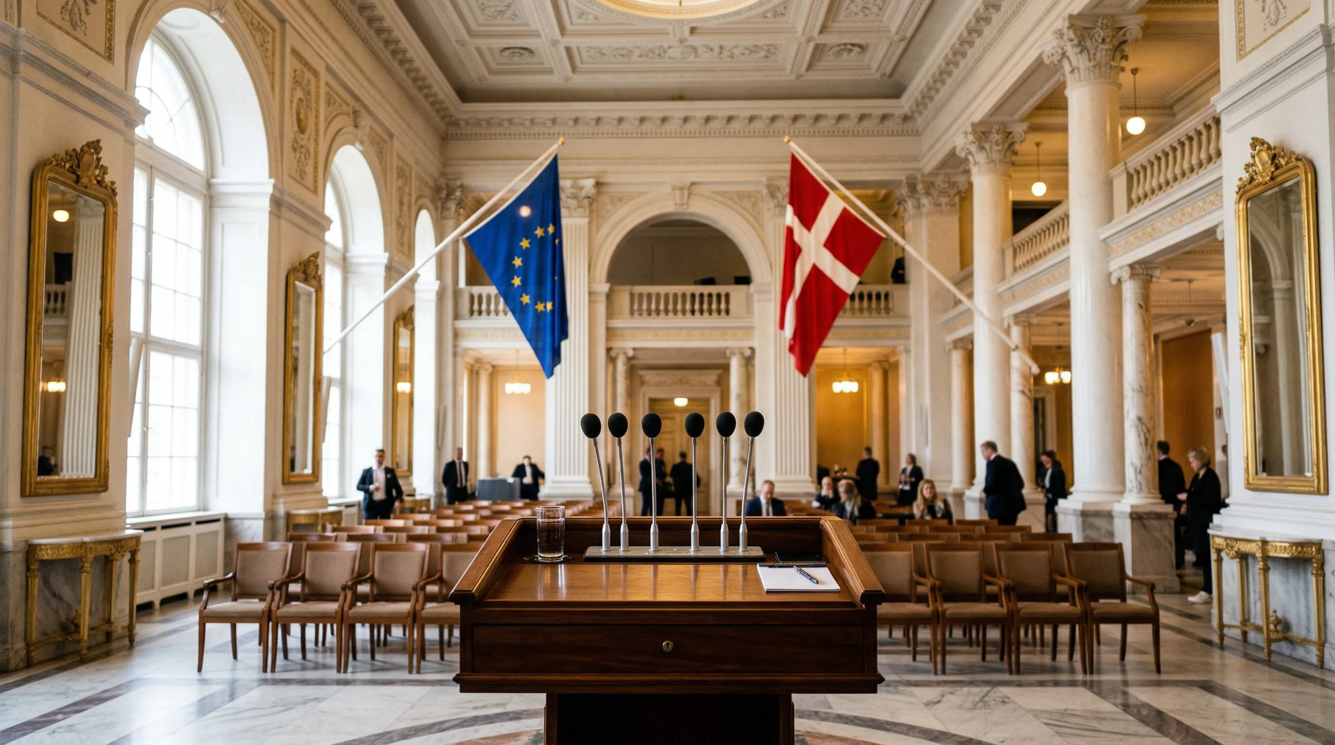 A wide-angle interior shot of a grand neoclassical government hall with tall ornate mirrors and white columns. In the foreground, a dark wooden podium is set with multiple silver microphones, ready fo