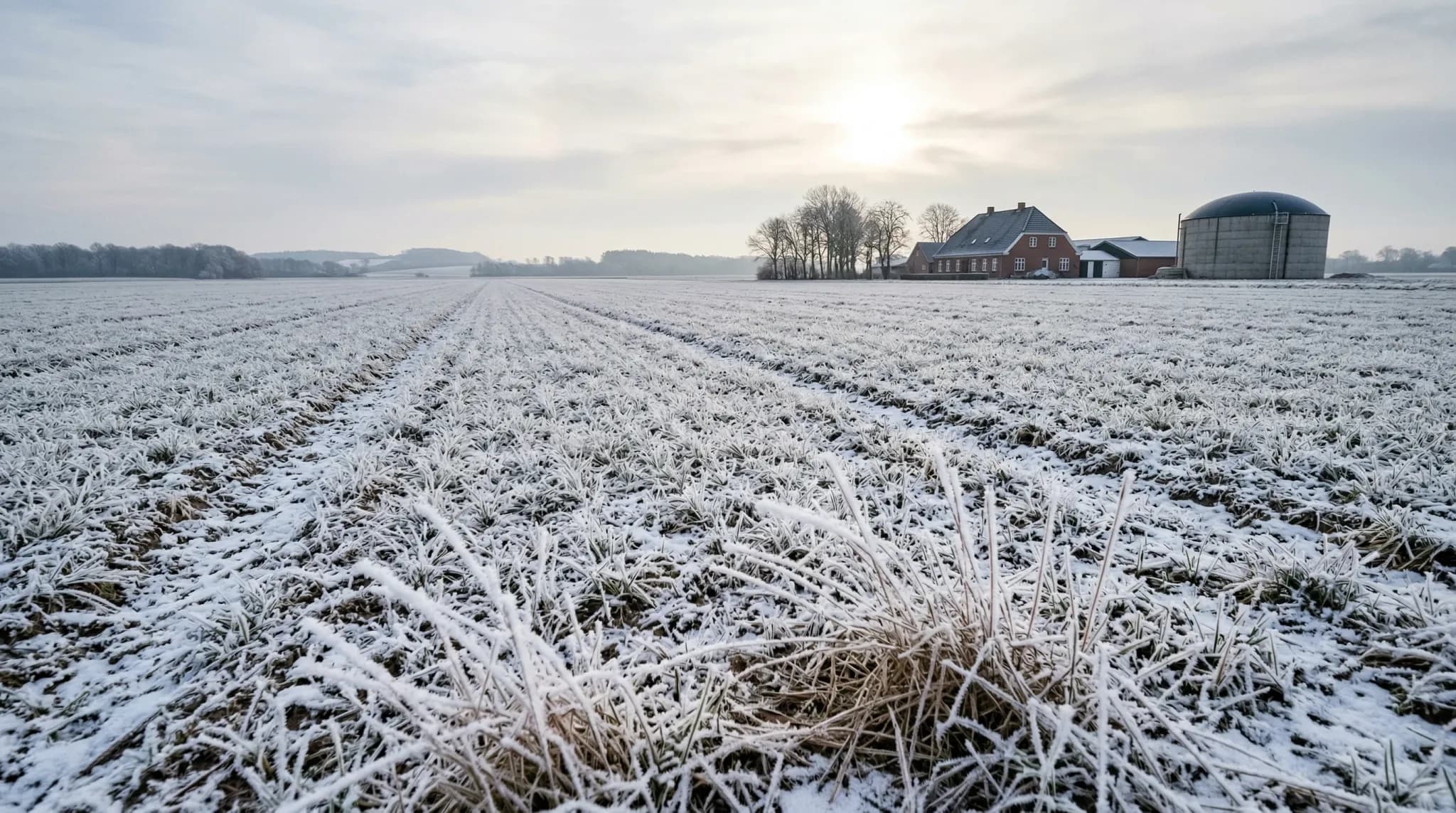 A wide-angle landscape of a vast, flat agricultural field in Northern Europe, covered in a thin, crunchy layer of morning frost and light snow. In the background, a large circular slurry tank and a tr
