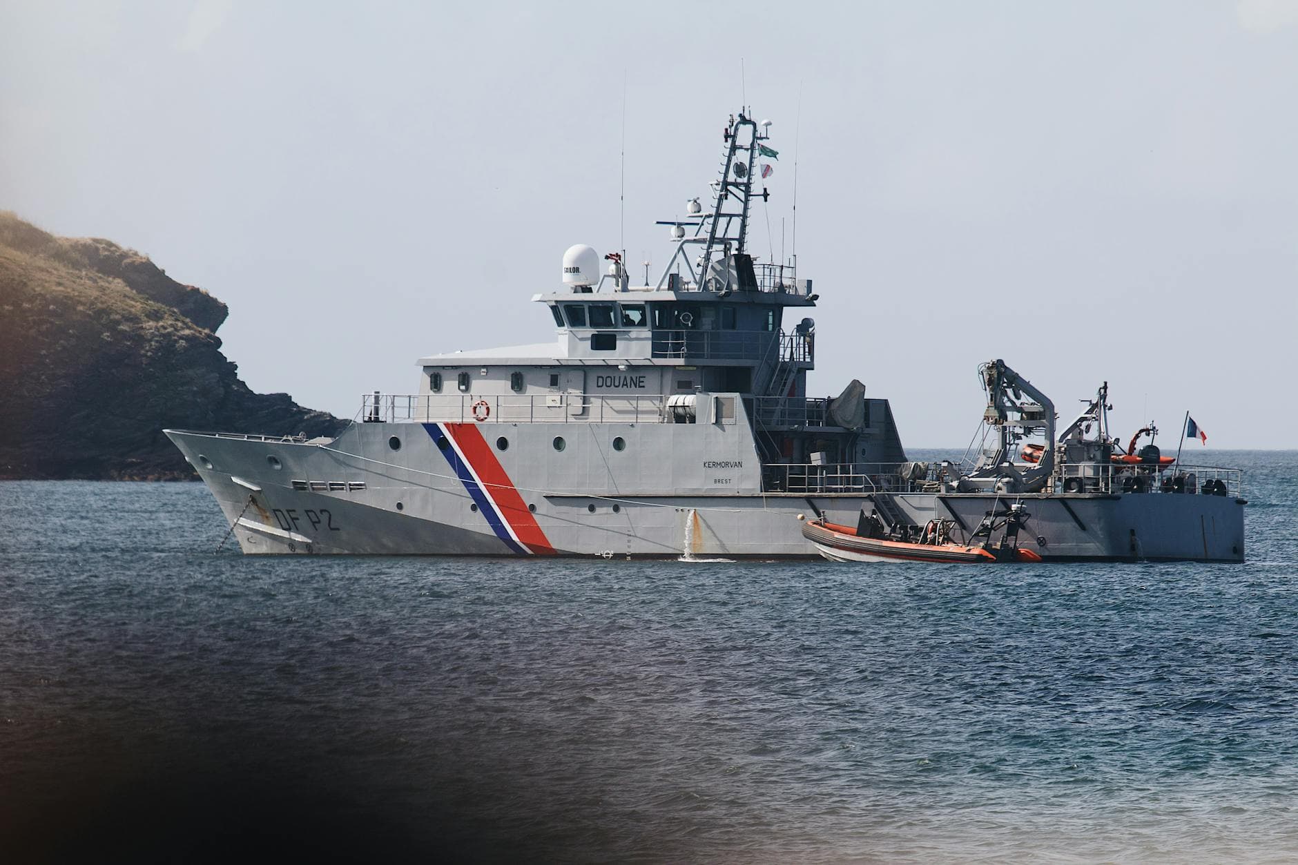 French customs ship with crew on board in Bretagne waters, France.