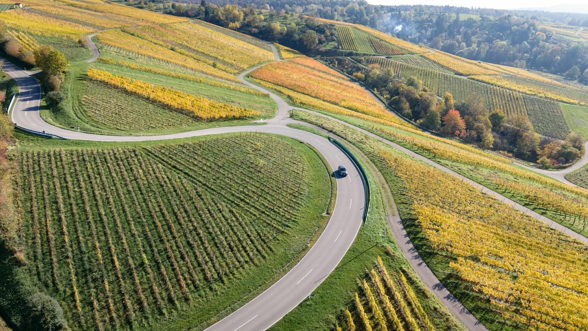 A scenic aerial shot of winding roads through vineyards in Esslingen, Germany.