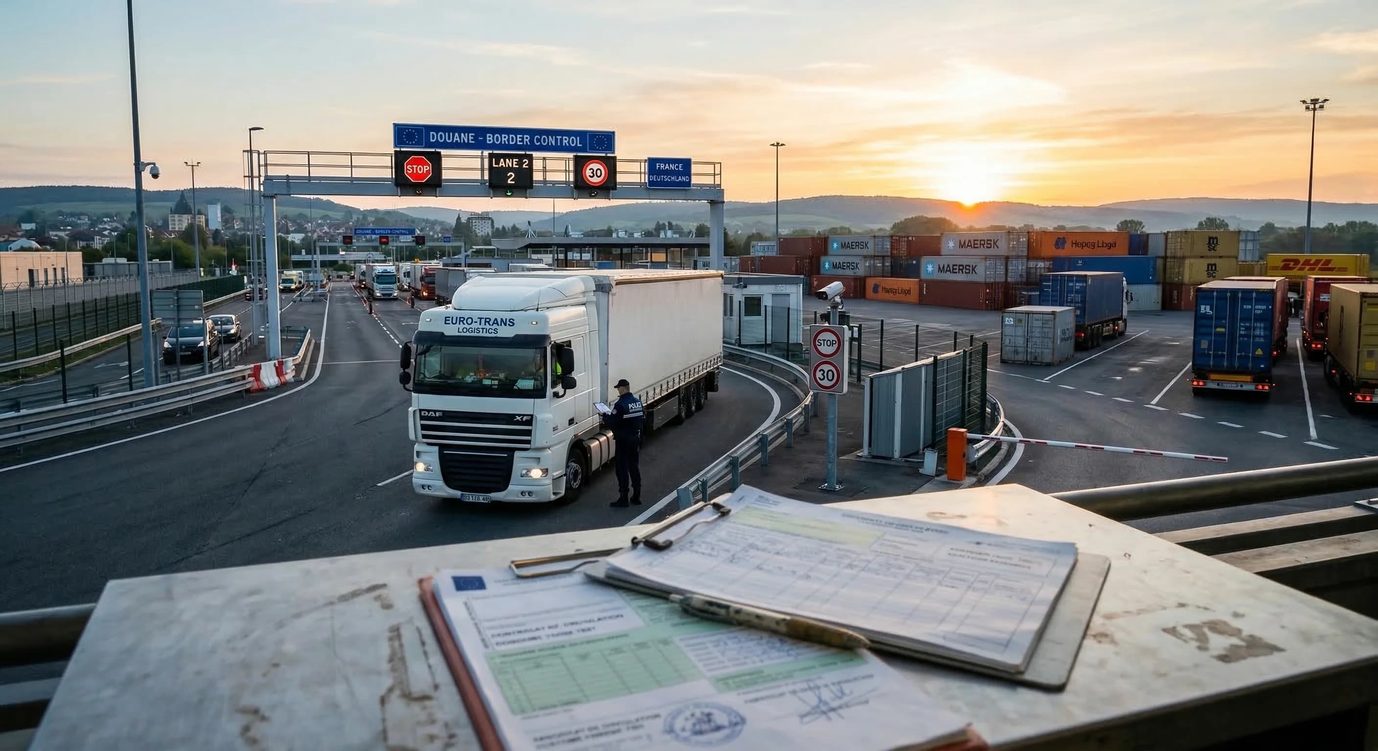 A photorealistic wide-angle shot of a modern European border control post at sunrise. In the foreground, a clipboard with detailed charts and legal documents lies on a metal desk, slightly out of focu
